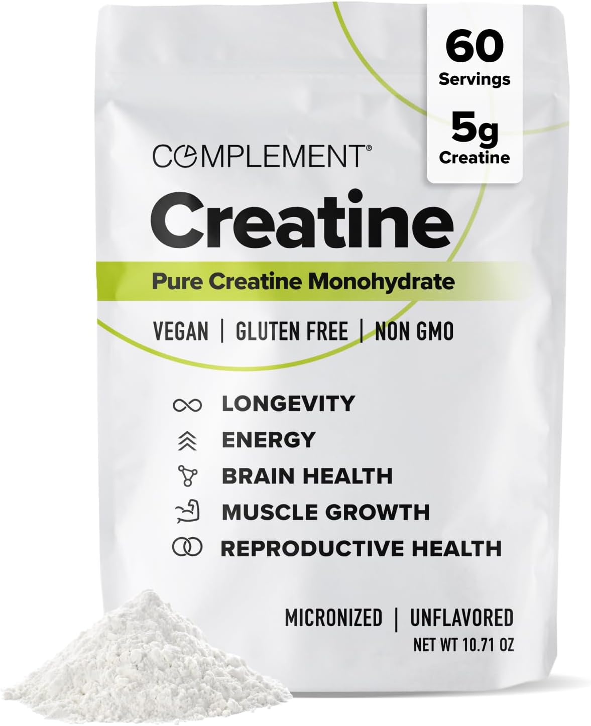 Complement Creatine Monohydrate Micronized Powder for Women and Men (5g, 60 Servings) Pre Workout, Post Workout, Muscle Recovery, Brain Health, Longevity- Vegan, Unflavored