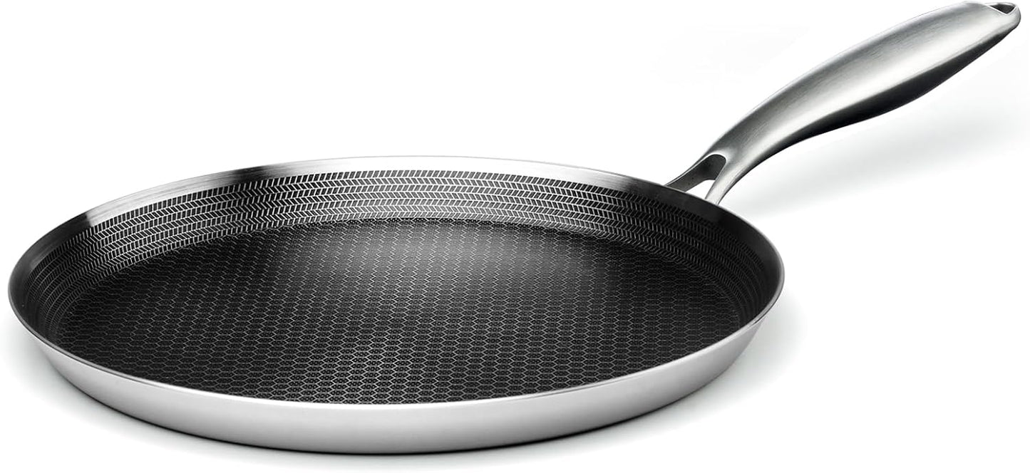 Innerwell Stainless Steel Crepe Pan - 11inch Nonstick Crepe Pan, Stainless Steel Honeycomb Coating Pancake Pan, Non Stick Flat Skillet Tawa Dosa Tortilla Griddle Pan, Induction Compatible, PFOA Free