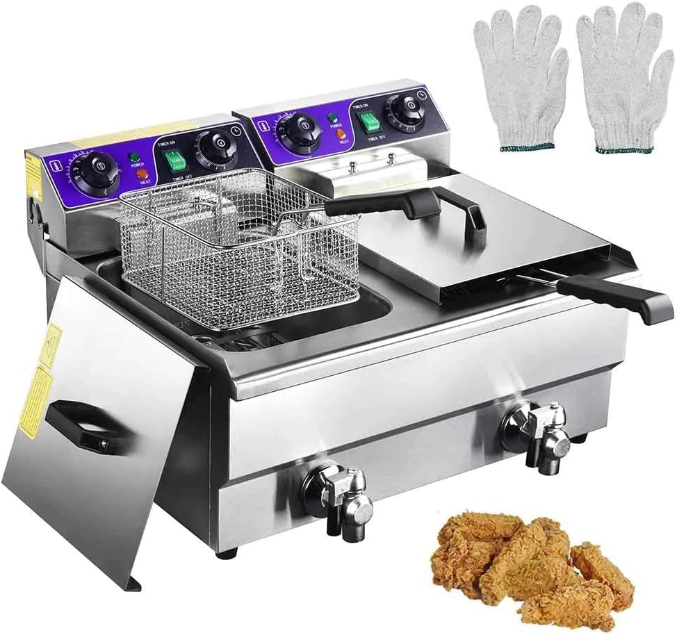 Dual Tank Stainless Steel Electric Deep Fryer w/Drain Timer Baskets Dual Tank Stainless Steel Electric Deep Fryer w/Drain Timer Baskets (20L - Dual Tank)