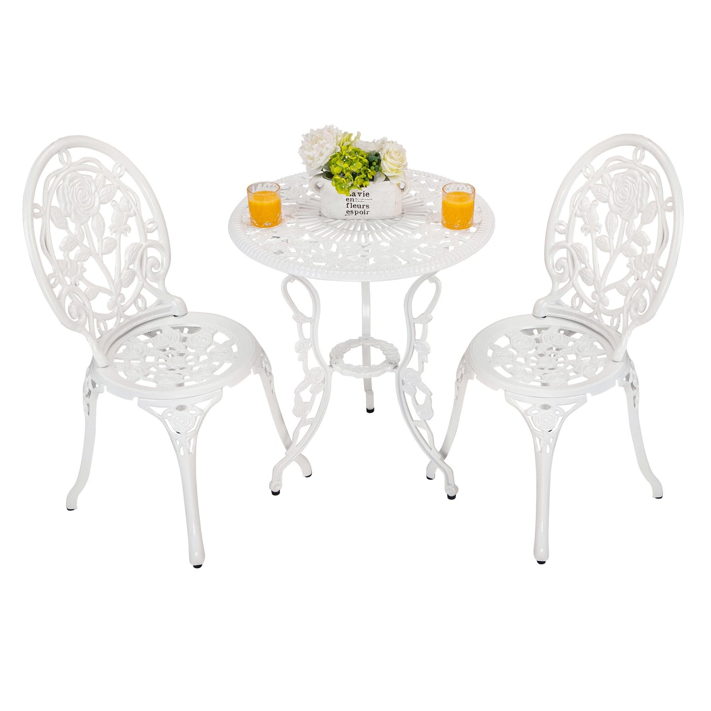 Mondawe 3 -Piece White Bistro Patio Dining Set Aluminum Round Table with 2 Stationary Chairs