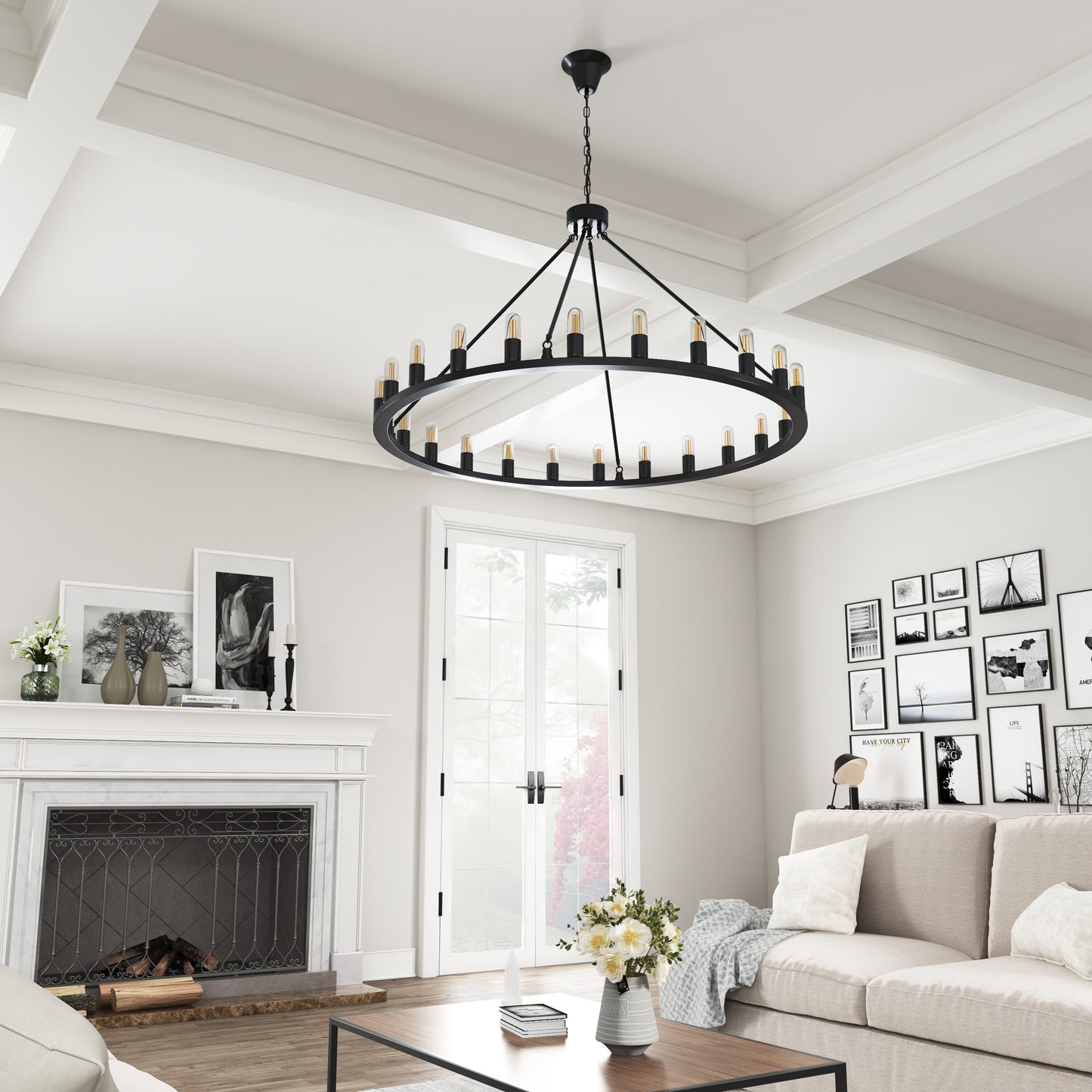 Aiwen Wagon wheel 24 -Light Matte Black Industrial For Use in Bedrooms, Dining Rooms, Foyers, Living Rooms Chandelier