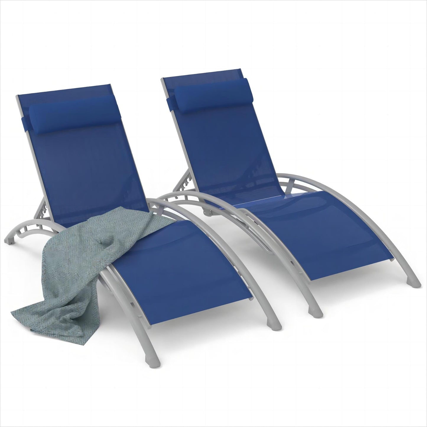 Forclover Outdoor Chaise Lounge Set of 2 Set of 2 Gray Metal Frame Stationary Chaise lounge Chair with Blue Solid Seat