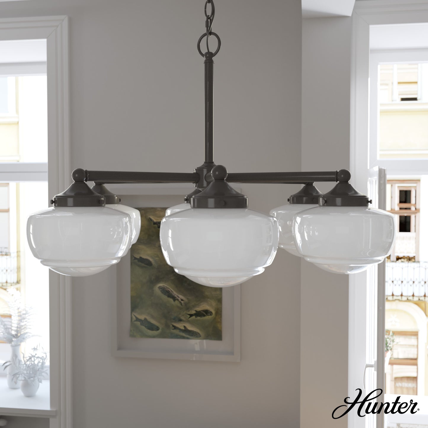 Hunter Saddle Creek 6 -Light Satin Bronze Transitional For Use in Bedrooms, Dining Rooms, Foyers, Kitchens, Living Rooms Chandelier 5281530