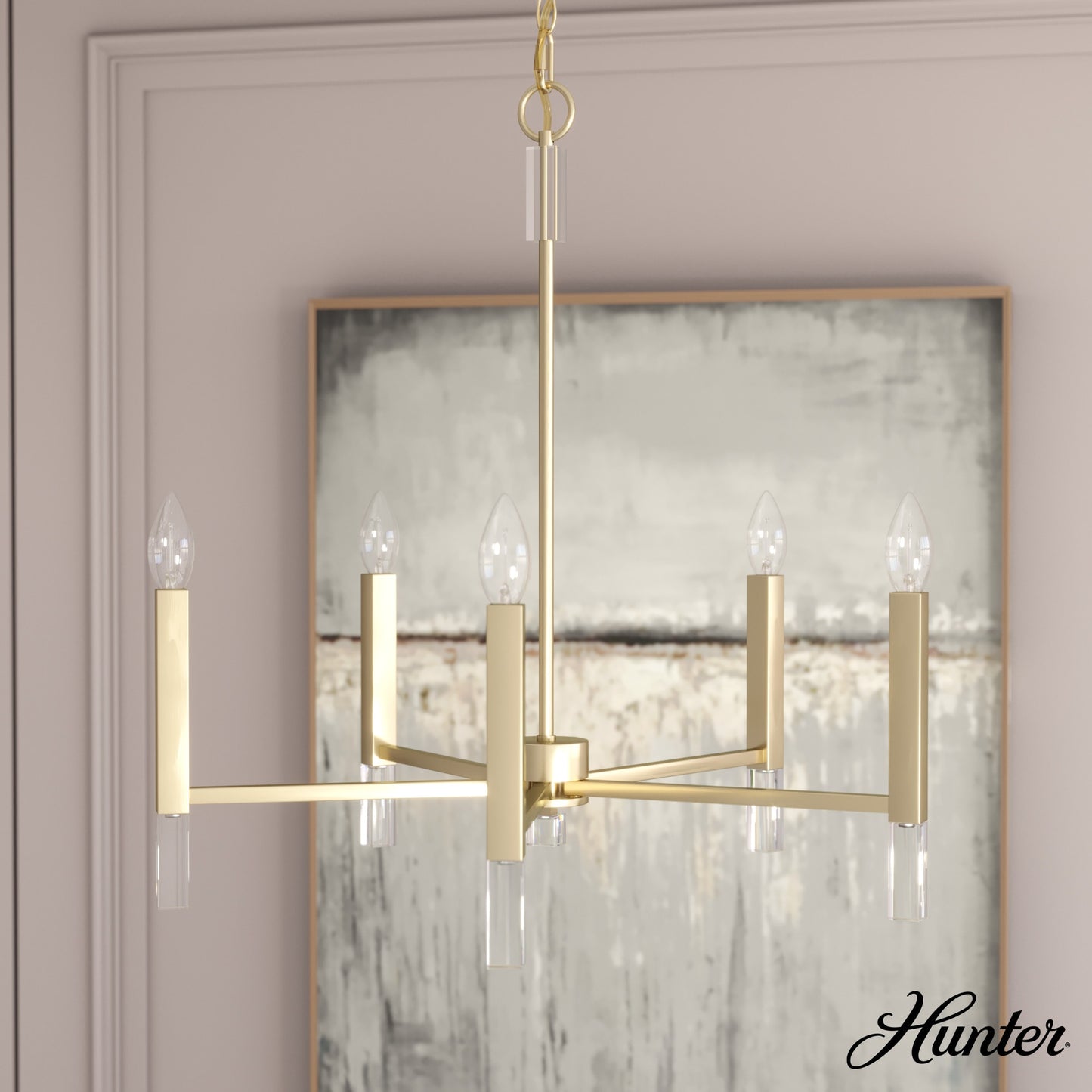 Hunter Sunjai 5 -Light Satin Gold Modern/contemporary Bare bulb For Use in Bedrooms, Dining Rooms, Foyers, Kitchens, Living Rooms Chandelier 5228389