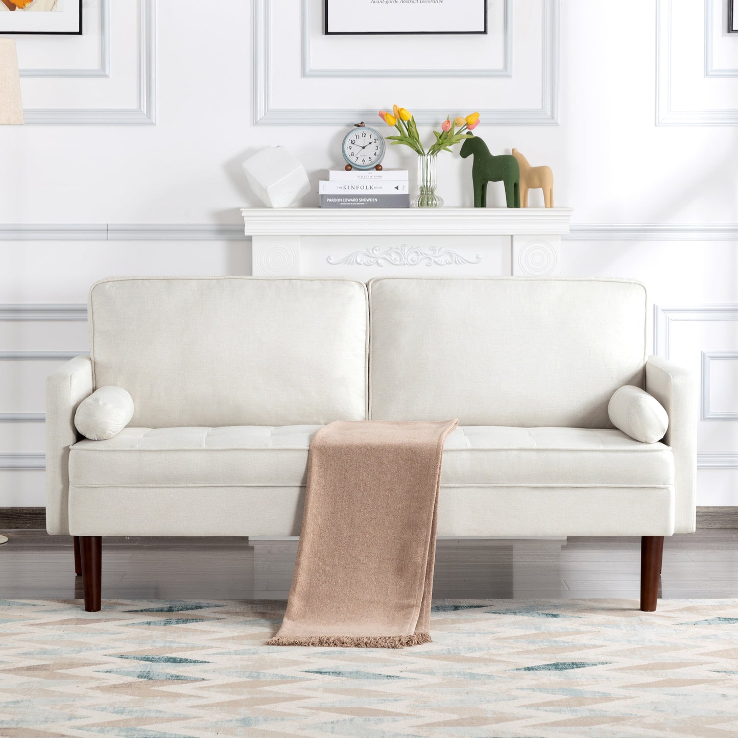 65 inch Loveseat Sofa,Fabric Couch Sofa with 2 Throw Pillows,Small Couches Furniture for Small Spaces,Living Room,Bedroom,Beige