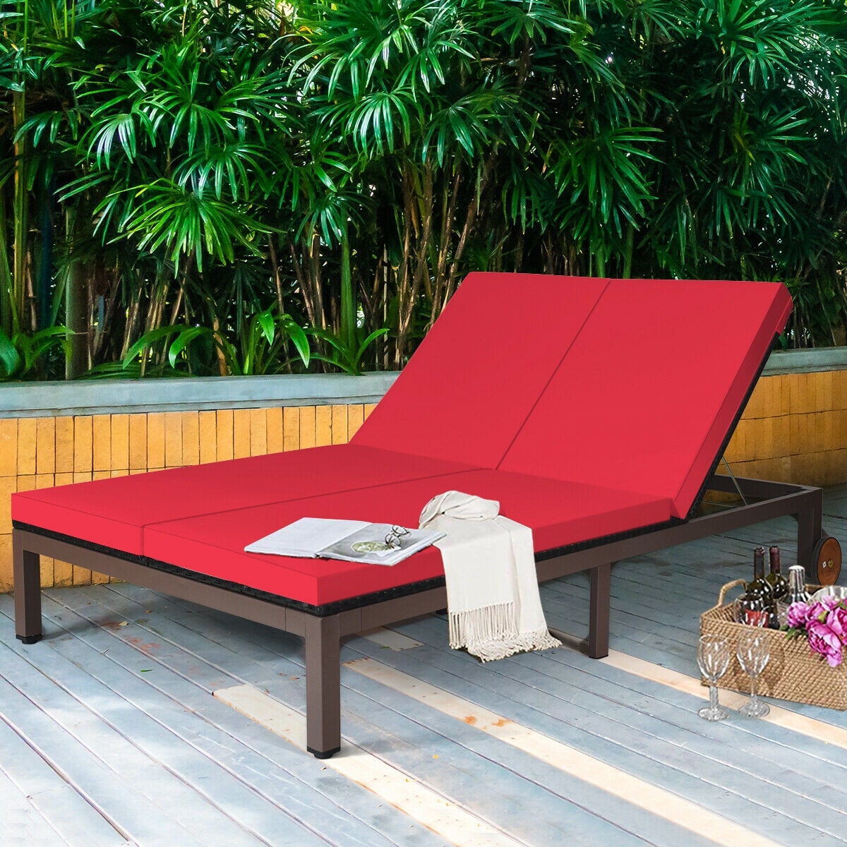 Forclover Ch Patio Daybed Outdoor Chaise Lounges Rattan Brown Steel Frame Spring motion Chaise Lounge Chair with Red Cushioned Seat
