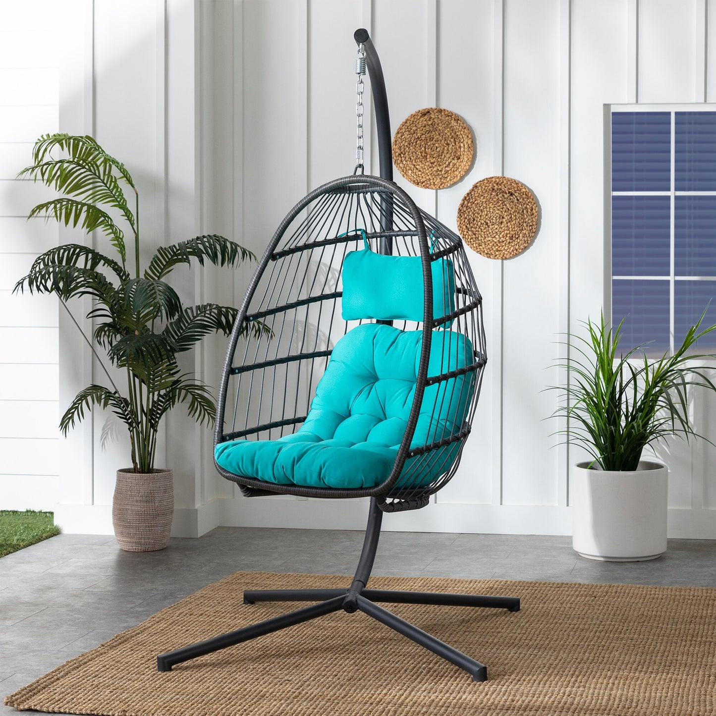 Walker Edison Rattan Grey Steel Frame Swivel Conversation Chair with Blue Woven Seat
