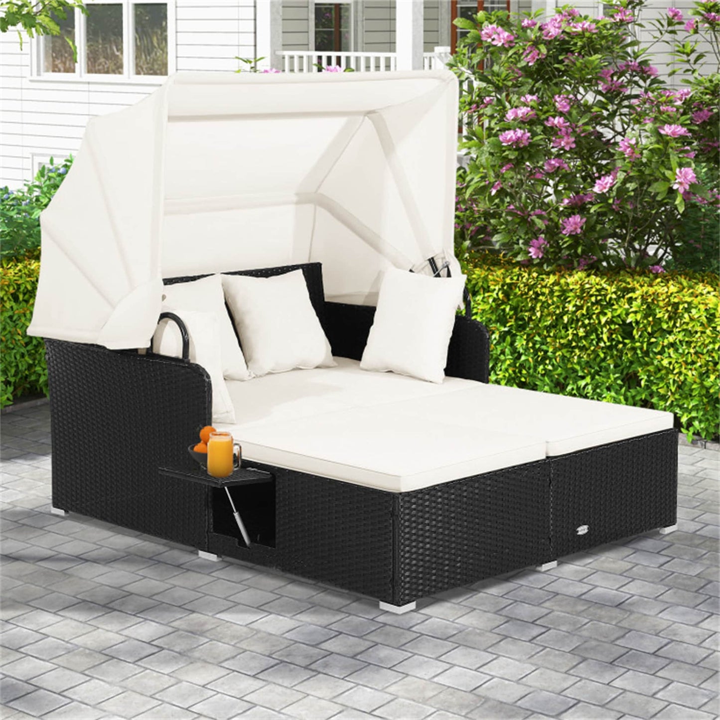 BABOOM Patio Rattan Daybed with Retractable Canopy Rattan Outdoor Daybed with Off-white Cushions and Iron Frame