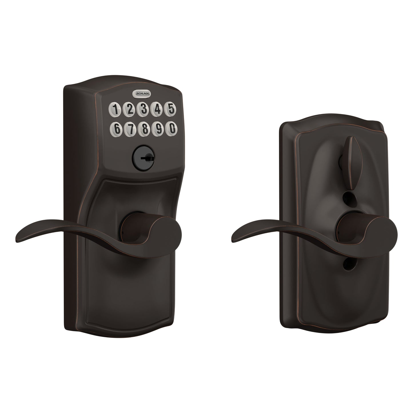 Schlage Customizable Keying Camelot-Accent Aged Bronze Electronic Handle with Keypad FE595 CAM 716 ACC G