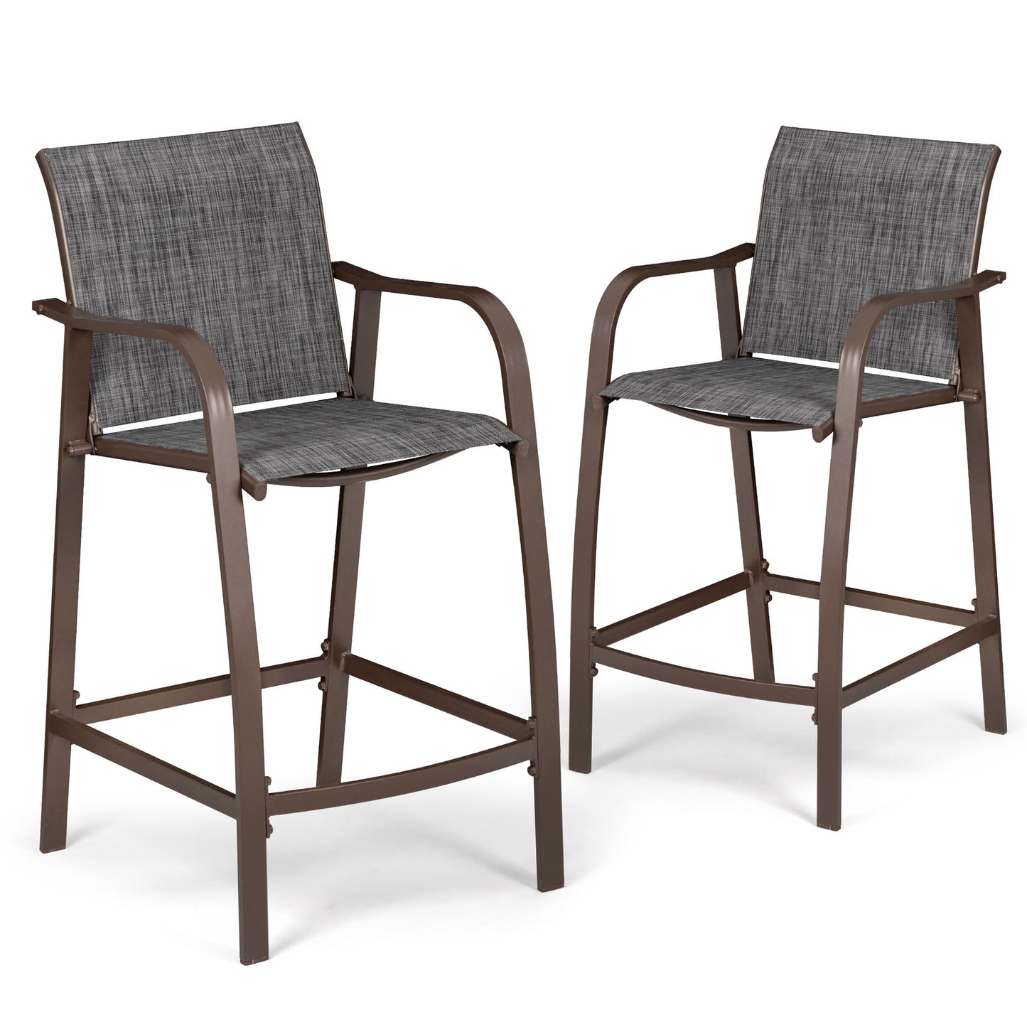 Crestlive Products 2 Pieces Patio Bar Stools Set Set of 2 Brwon Aluminum Frame Stationary Bar Stool Chair with Gray Texteline Sling Seat