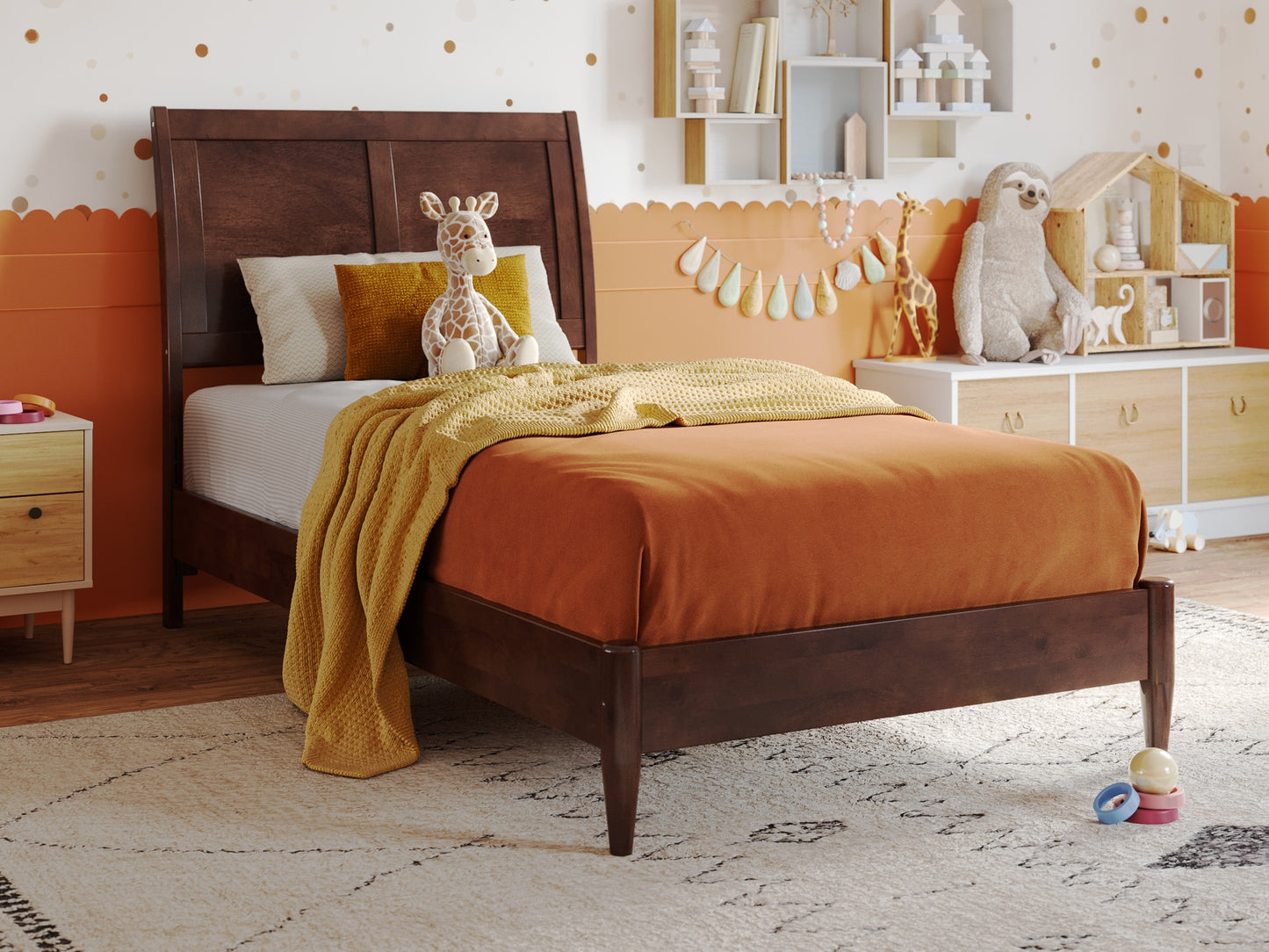 AFI Twin Walnut Wood Sleigh Bed with Headboard