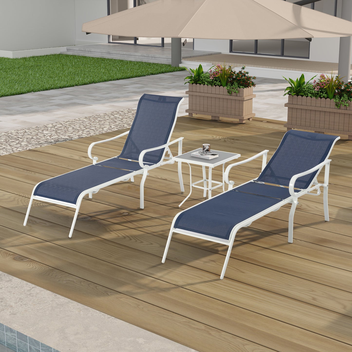 Moda Furnishings Cocolelia Set of 2 Blue Steel Frame Stationary Chaise Lounge Chair with Blue Woven Seat