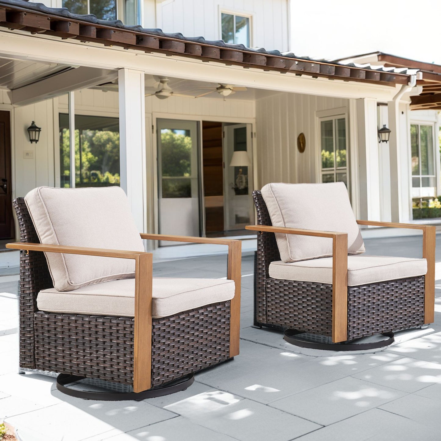 PACHAIRS-T Set of 2 Wicker Brown Steel Frame Swivel glider Conversation Chair with Beige Cushioned Seat