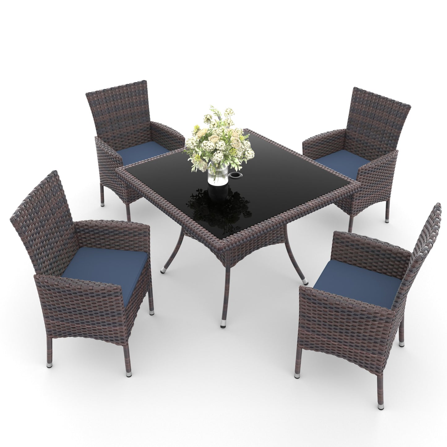 ALAULM 5 -Piece Brown Rattan Patio Dining Set Extendable Table Rattan Rectangle Table with 4 Blue Cushions Stationary Chairs