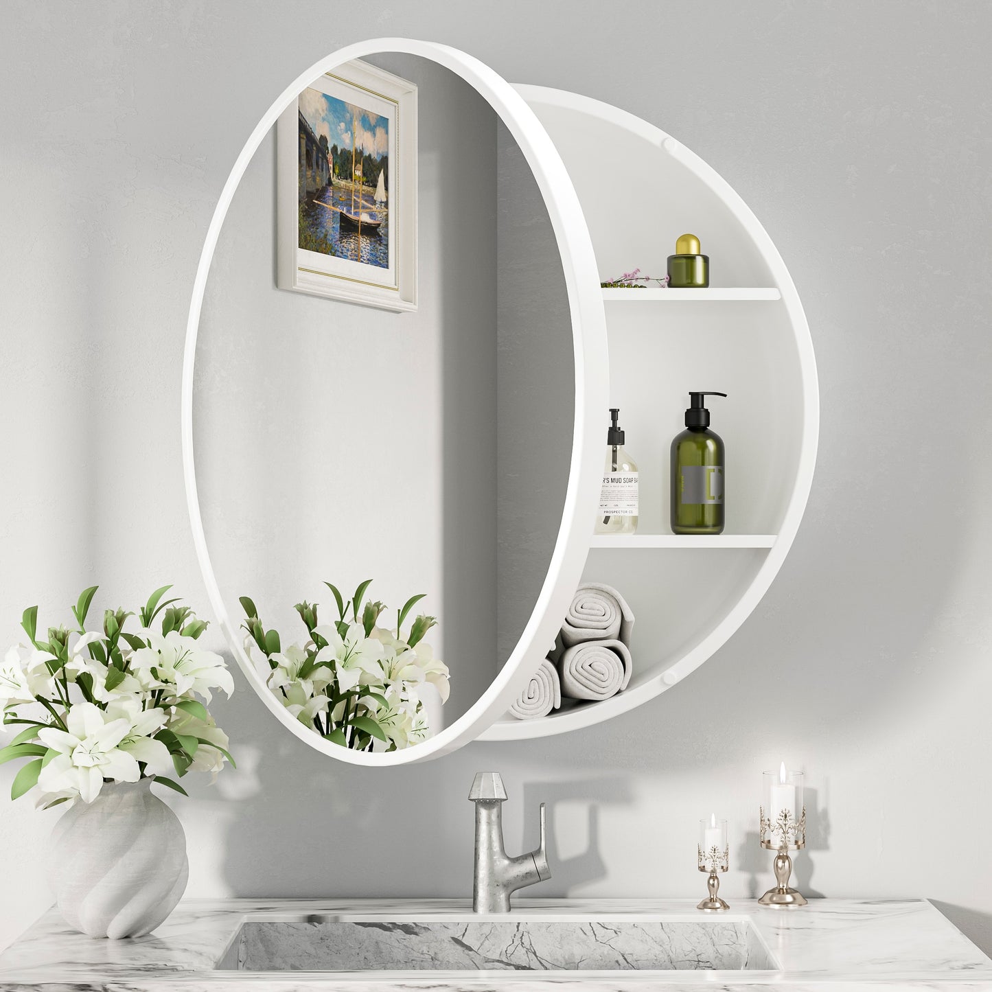 Keonjinn 28-in x 28-in Surface Mount White Mirrored Round Soft Close Medicine Cabinet