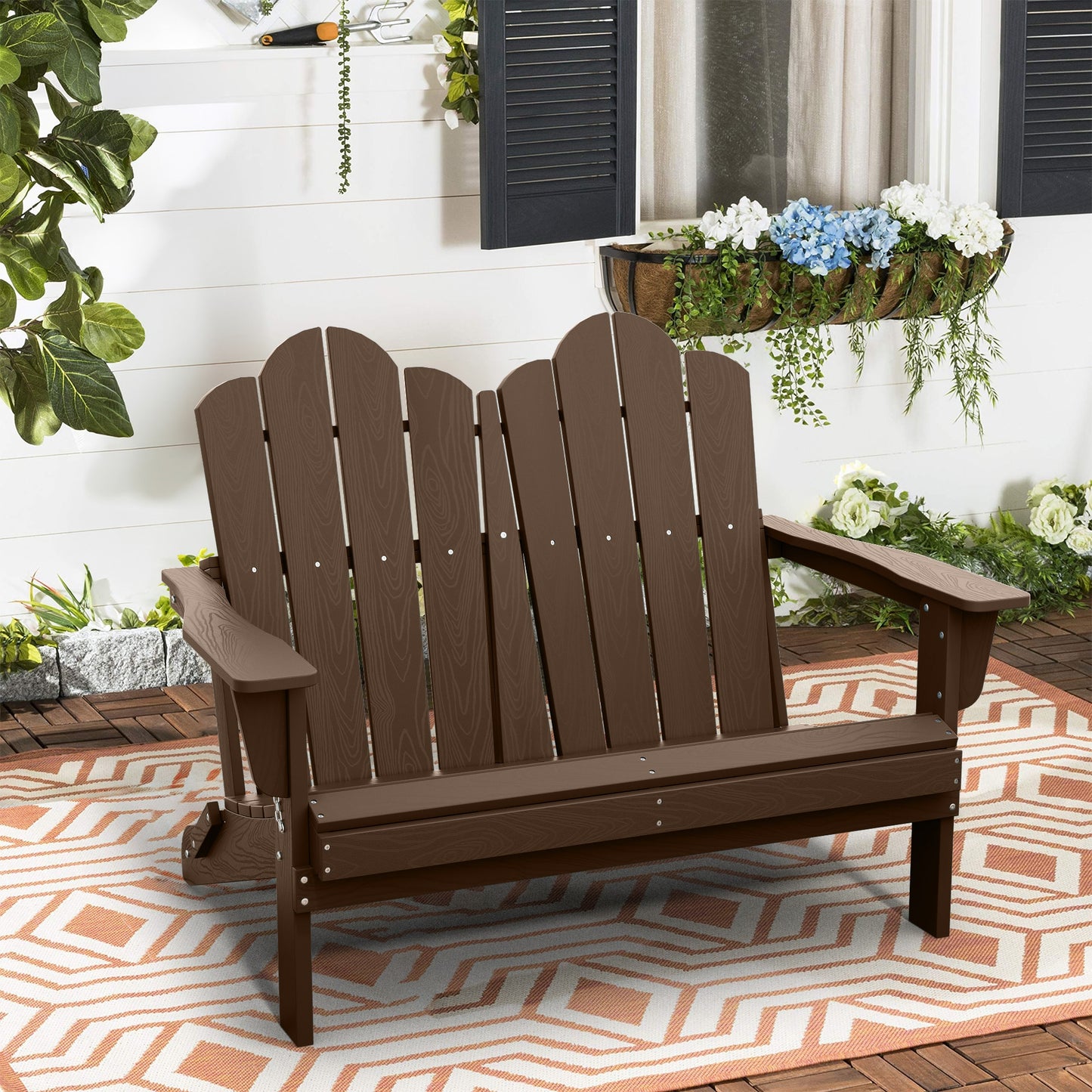 VOUA Poly Brown HDPE Frame Stationary Adirondack Chair with Solid Seat