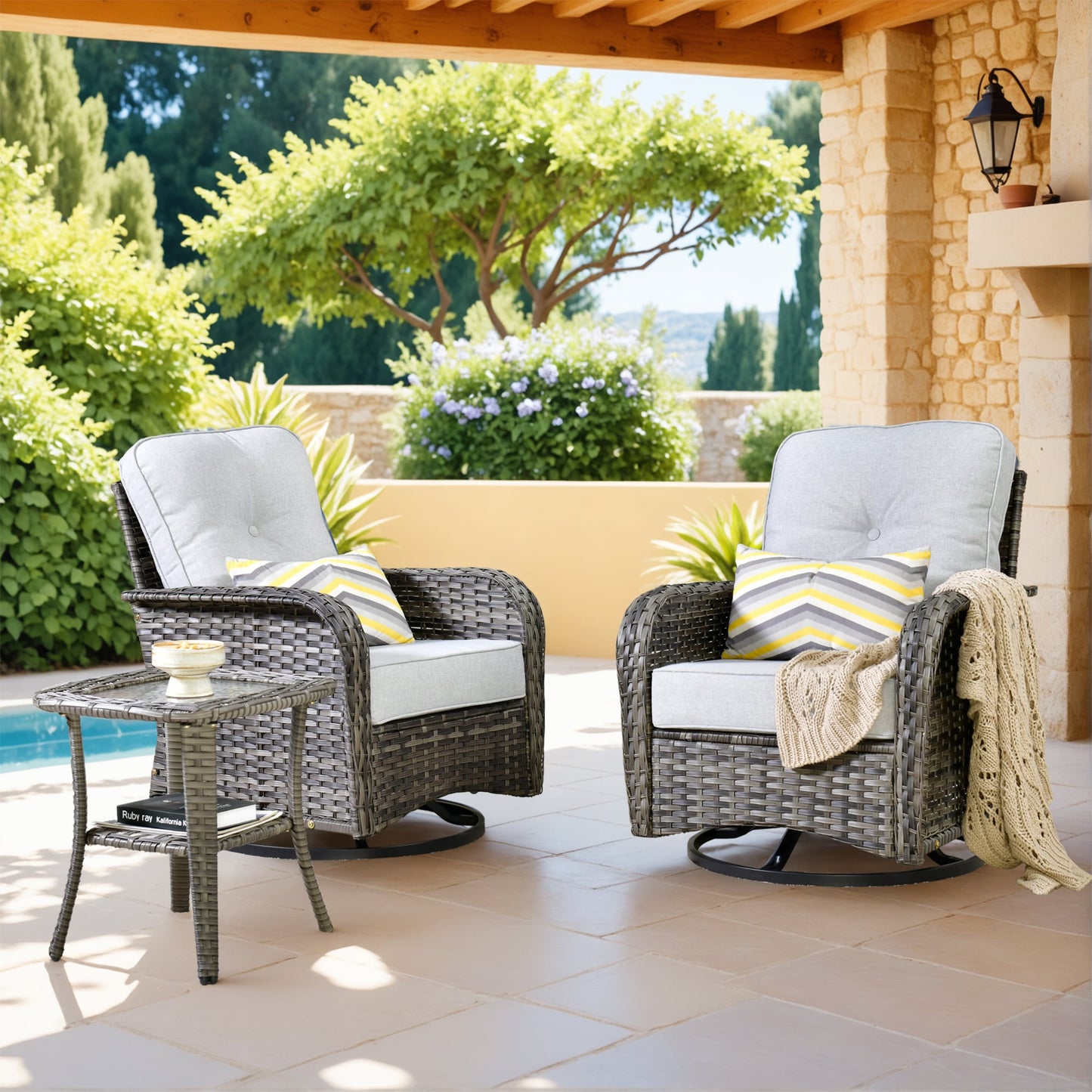 Pouuin Set of 2 Wicker Gray Metal Frame Swivel rocker Rocking Chair with Gray Cushioned Seat