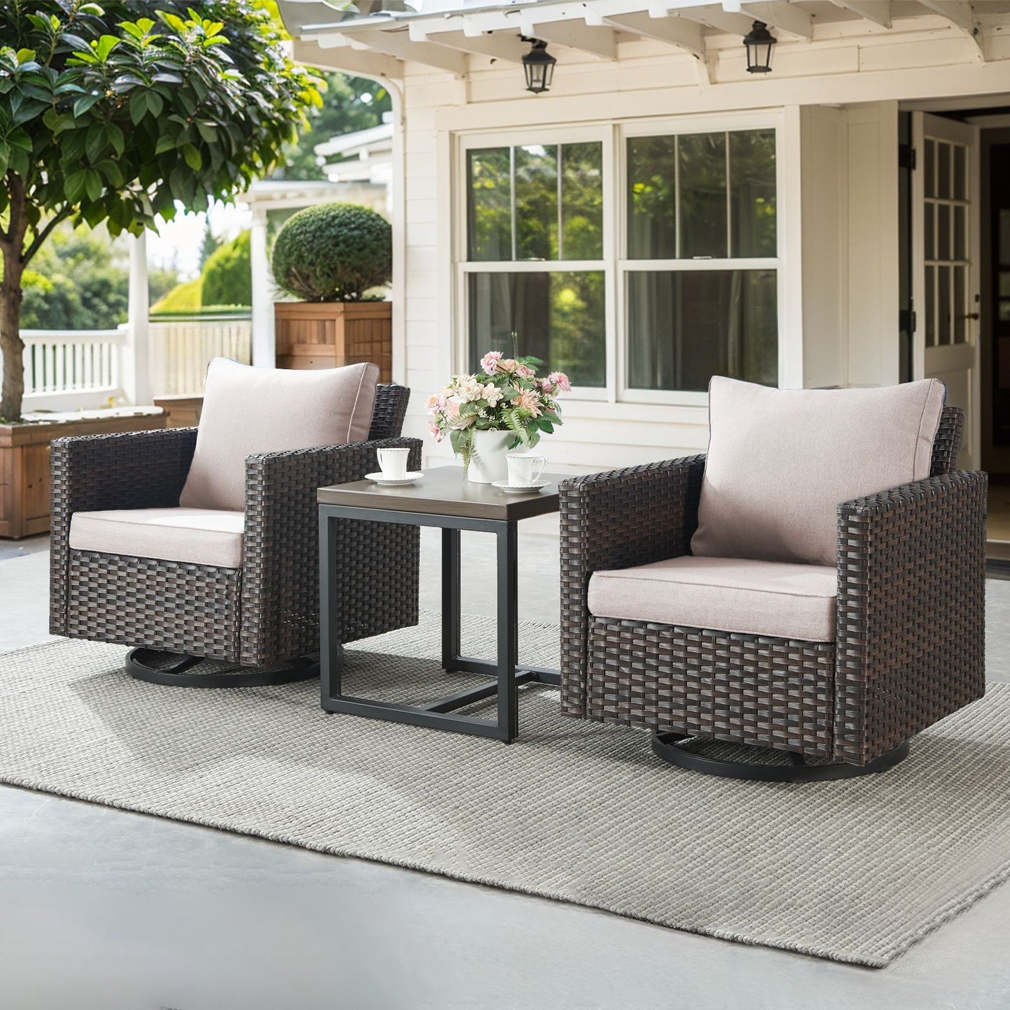 Jeehope PAnorama Series 3 -Piece Wicker Patio Conversation Set with Beige Cushions