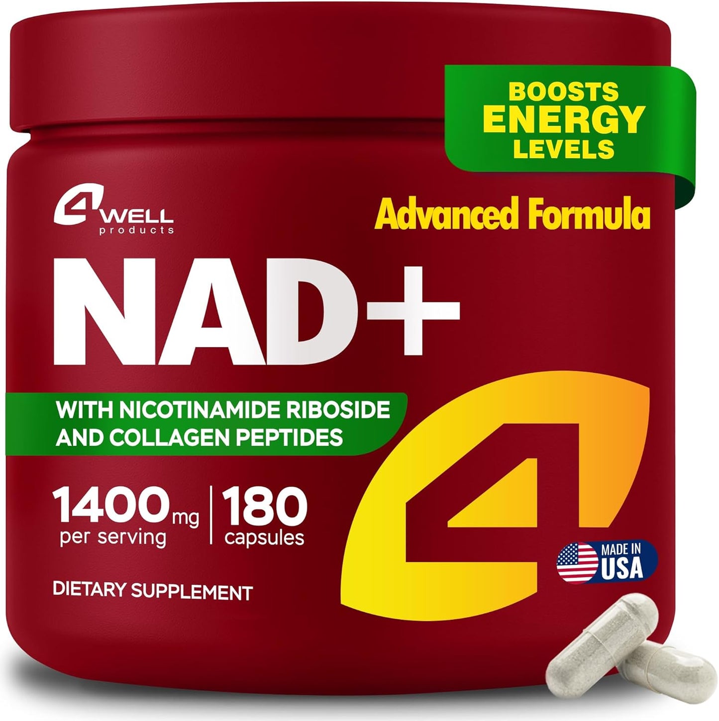 NMNH Supplement Alternative - NAD Supplement 1400mg Supports Healthy Aging Complex with Nicotinamide Riboside, Collagen Peptides - Powerful NAD+ Formula for Cellular Energy (180 Capsules)