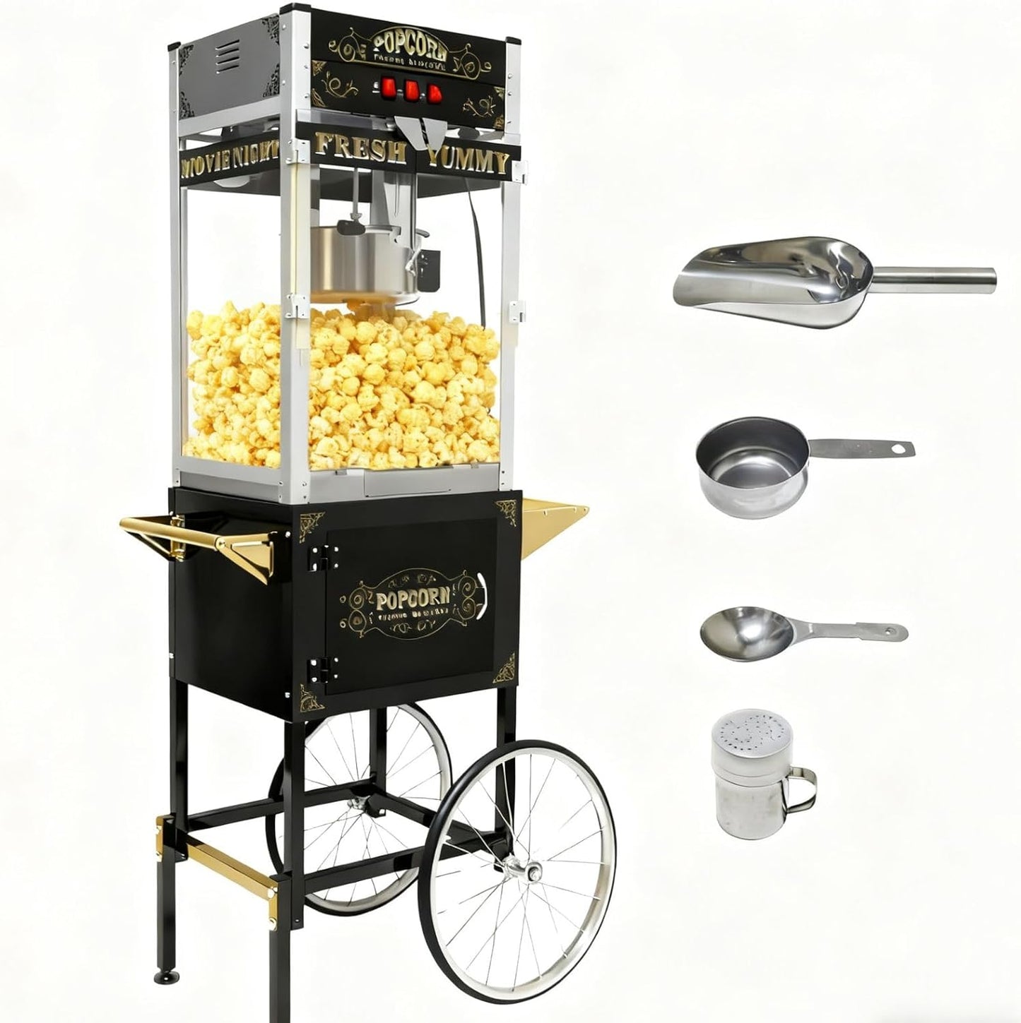 20 Oz Commercial Popcorn Machine with Cart, Wheels & Stainless Steel Kettle, Popcorn Maker Machine for Movie Theater, Events or Parties, Black