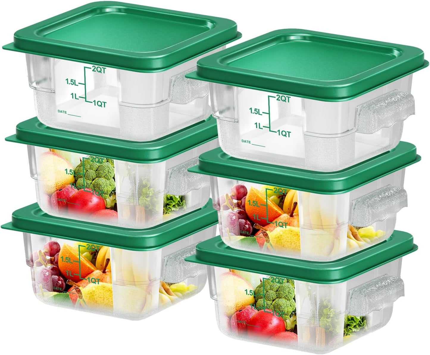 FeyBuosk 6 pcs 2qt Food Storage Containers with Lid, Square Clear Commercial Storage Containers with Handle and Scale for Food Storage in Home Kitchen & Dining (Green)