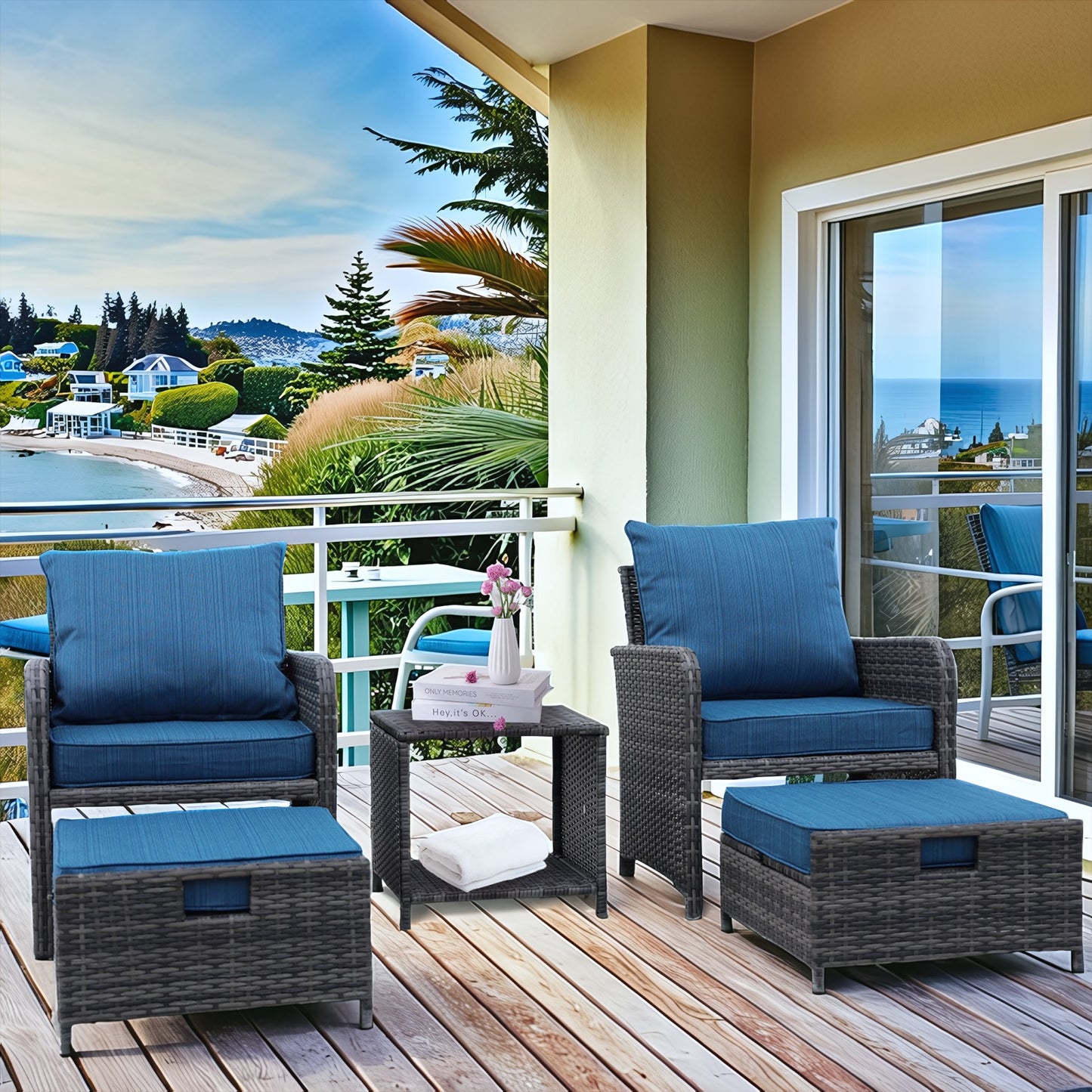 CESICIA Patio Chairs Set of 2 Rattan Grey Iron Frame Stationary Conversation Chair with Blue Cushioned Seat
