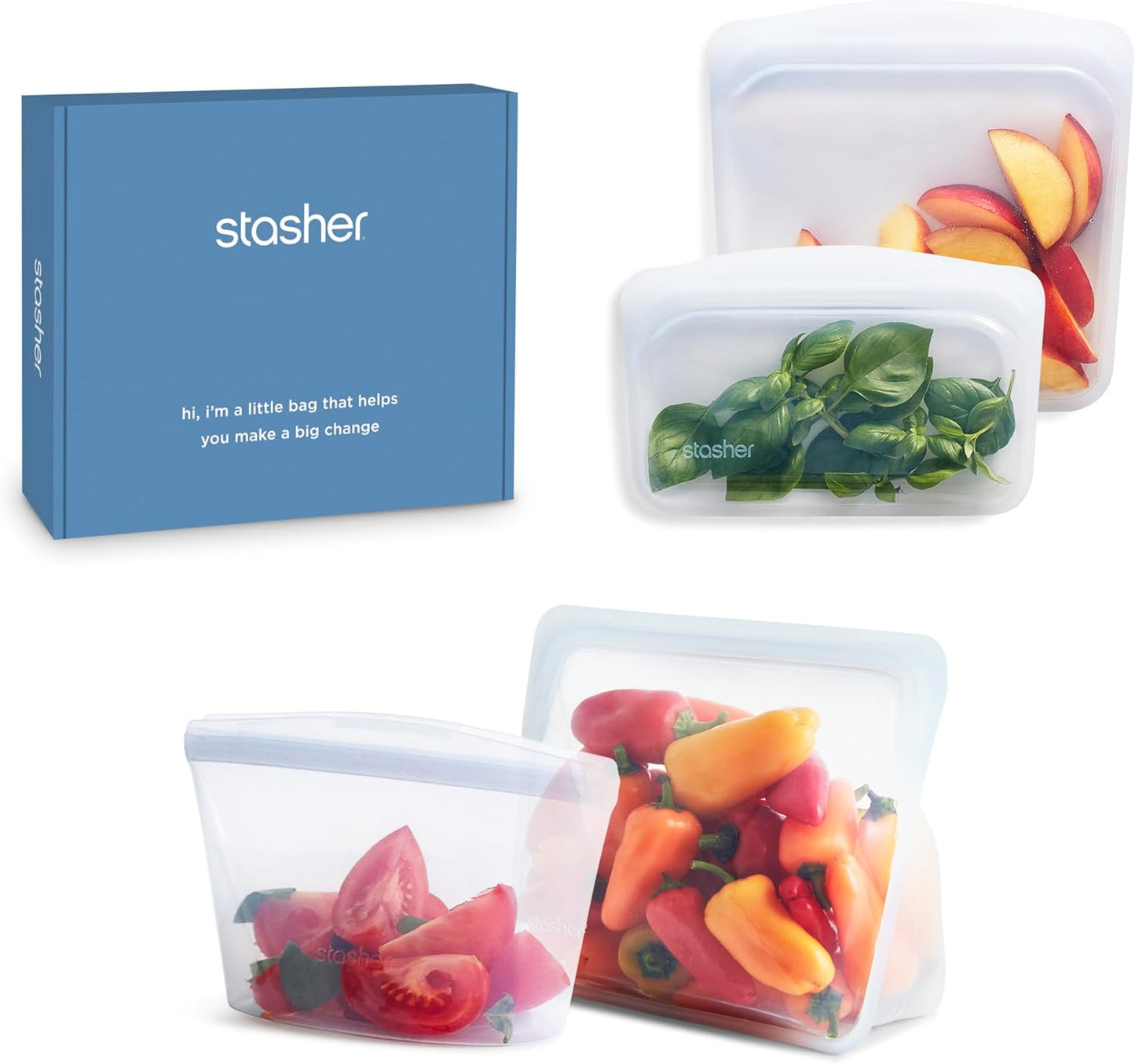 Stasher Premium Silicone Reusable Food Storage Bags 4-Pack Boxed Starter Kit, Clear, Microwave, Sous Vide, Dishwasher, Oven & Freezer Safe, Multi-Use Containers, BPA Free, Leak-free, Eco-friendly