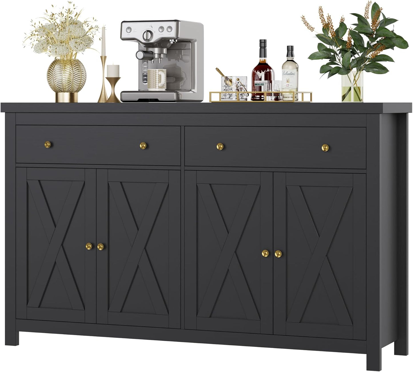 FOTOSOK Sideboard Buffet Cabinet with Storage, 55" Large Kitchen Storage Cabinet with 2 Drawers and 4 Doors, Wood Coffee Bar Buffet Table for Kitchen Dining Room, Black