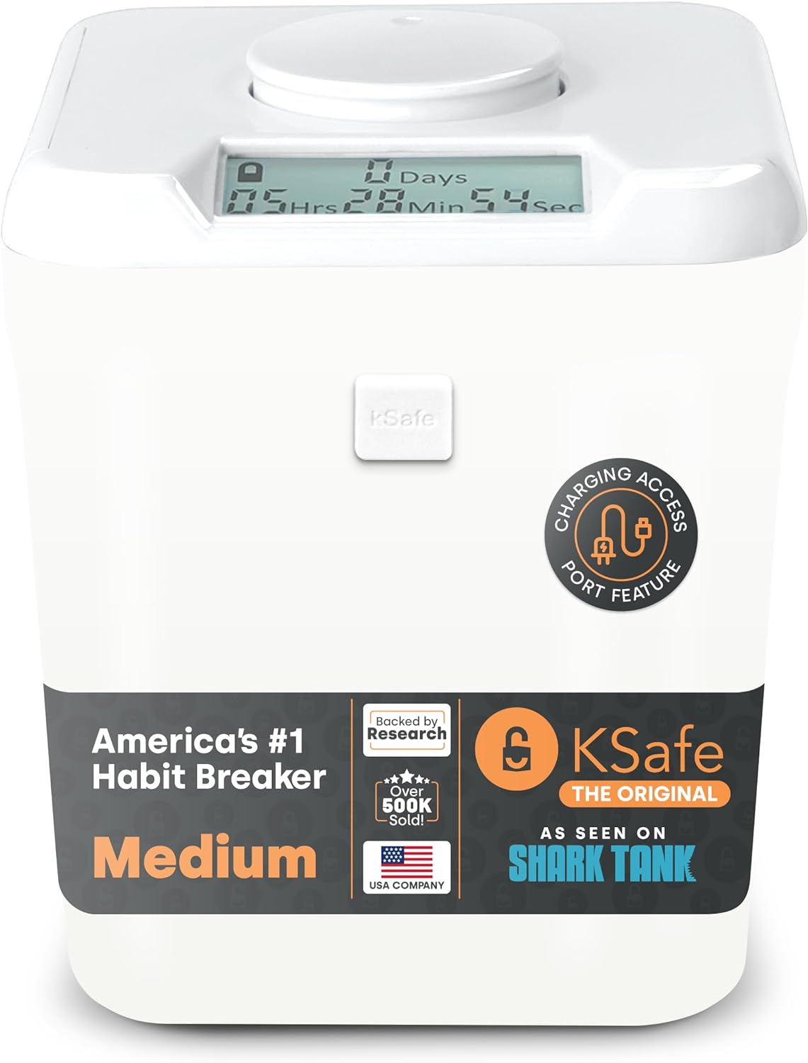 K-Safe Time Locking Container (Medium), Timed Lock Box for Cell Phones, Snacks, and Other Unwanted Temptations (White Lid + 5.5” White Base with Access Port)