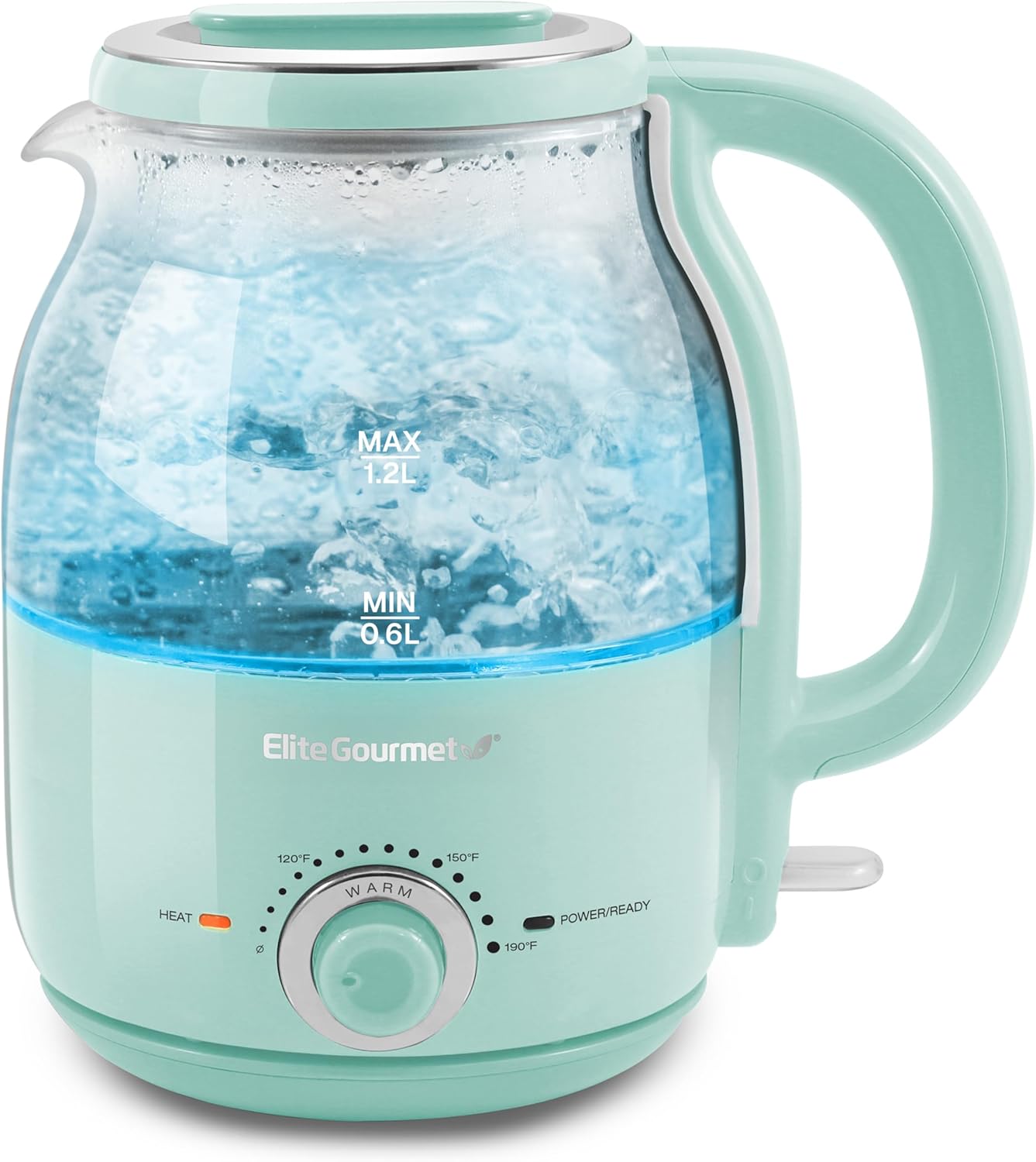 Elite Gourmet EKT1220M 1.2L Electric BPA-Free 1200W Glass Kettle, Temperature Dial Keep Warm Function, Cordless 360° Base, Blue LED Interior, Auto Shut-Off Function \u2013 Quick Boil, Mint