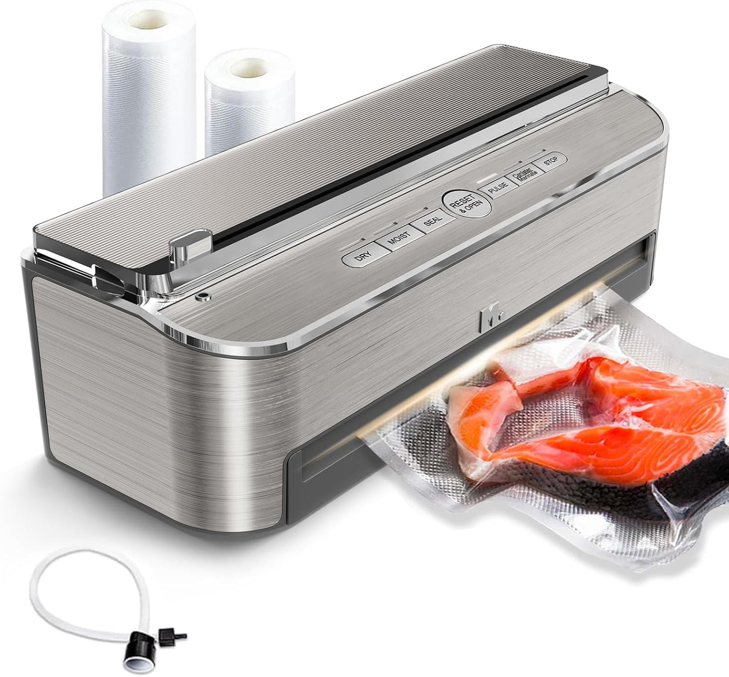 Mesliese Vacuum Sealer Machine, 85kPa 120W Automatic Food Sealer, Powerful Sealing System, Build-in Cutter | Bags Storage | Moist Mode and Air Suction Hose (Silver)