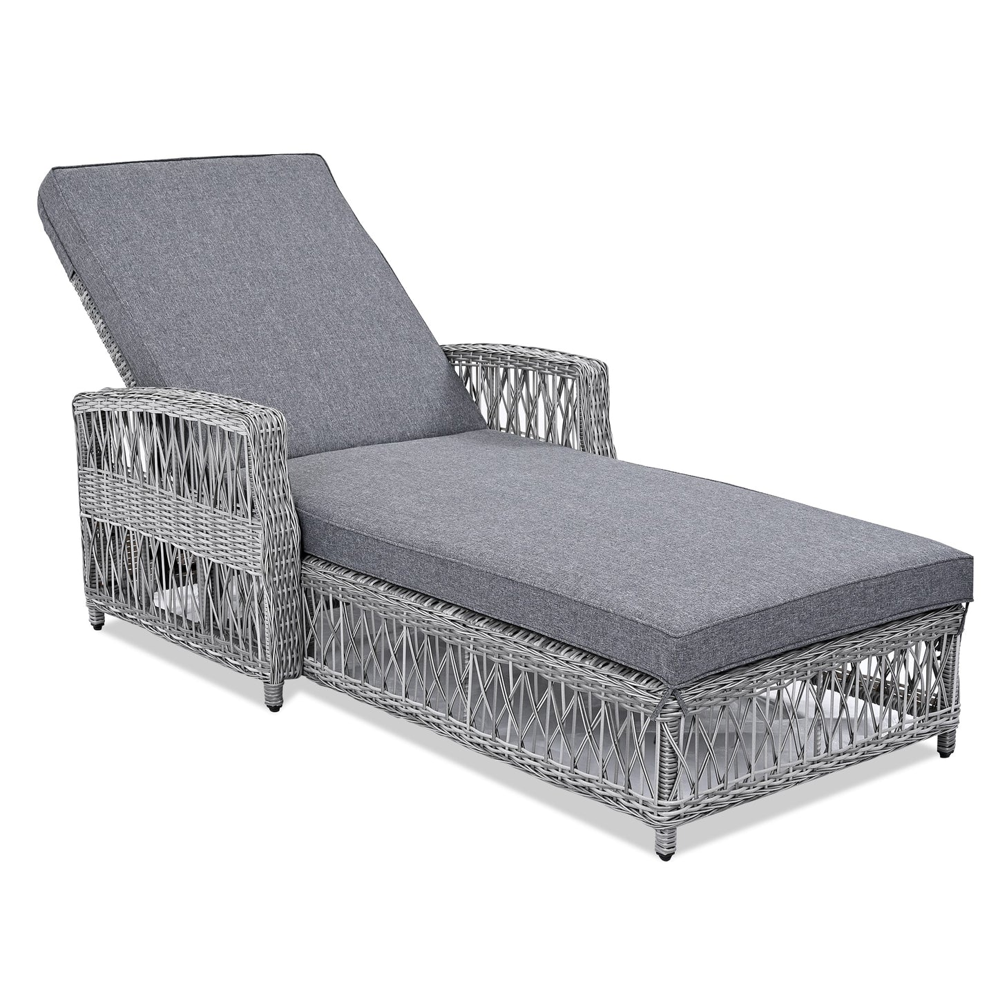 Nestfair Patio Furniture Wicker Gray Wicker Frame Stationary Chaise Lounge Chair with Gray Cushioned Seat