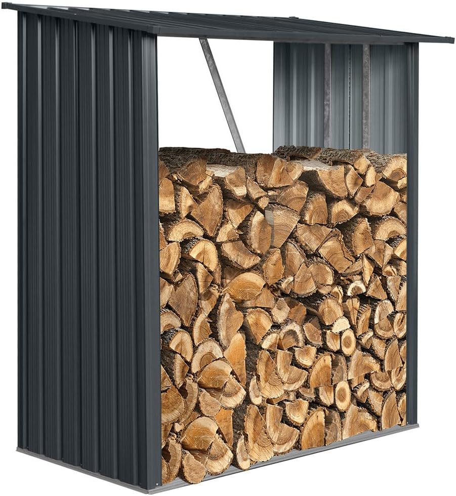Metal Firewood Storage Shed, 5.3x2.5 FT Outdoor & Indoor Wood Rack with Sloped Roof, Heavy-Duty Galvanized Steel Open Log Holder for Firewood, Pellets & Lumber