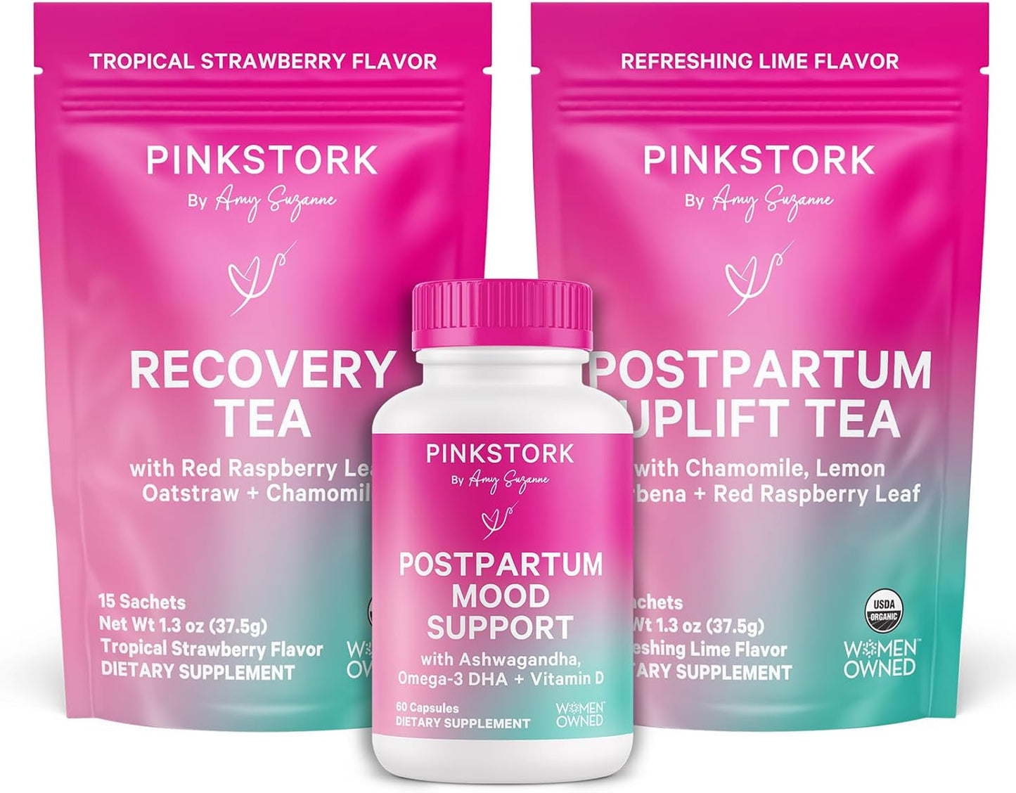 Pink Stork Postpartum Essentials Kit – Hormone Balance, Recovery & Mood Support for New Moms – Postnatal Vitamins Ashwagandha + Herbal Teas for Stress Relief, Energy, Sleep – Gift Set – Vegan, Organic