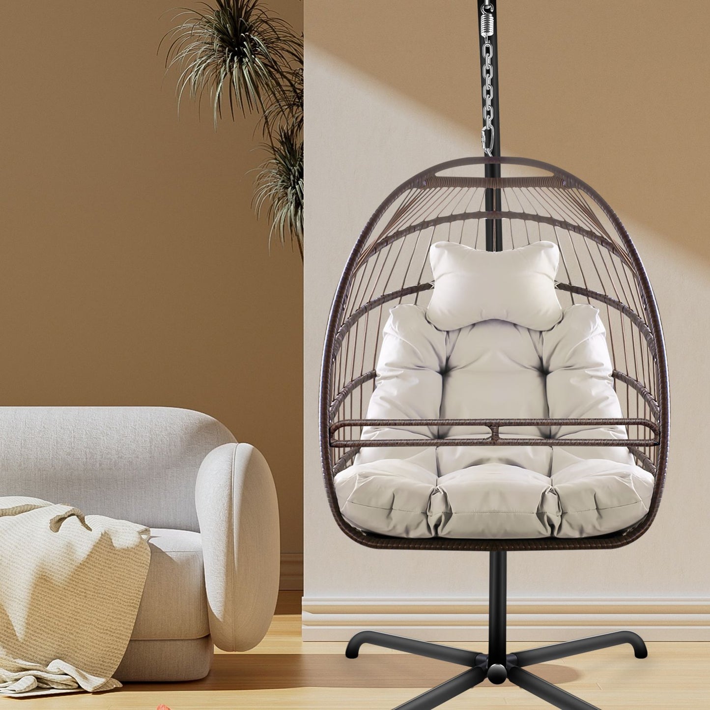 Oizaye Bronze Metal Frame Hanging Egg Chair with Off-white Cushioned Seat