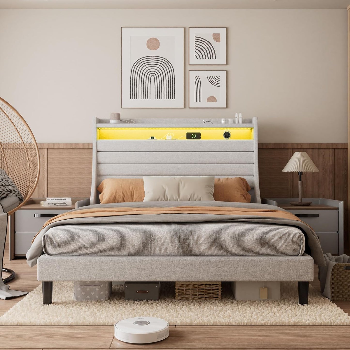 Qeetex Queen Upholstered Bed Frame With Headboard-Storage Platform-2 Drawers-Footboard-Steel Slat Support-No Box Spring Needed