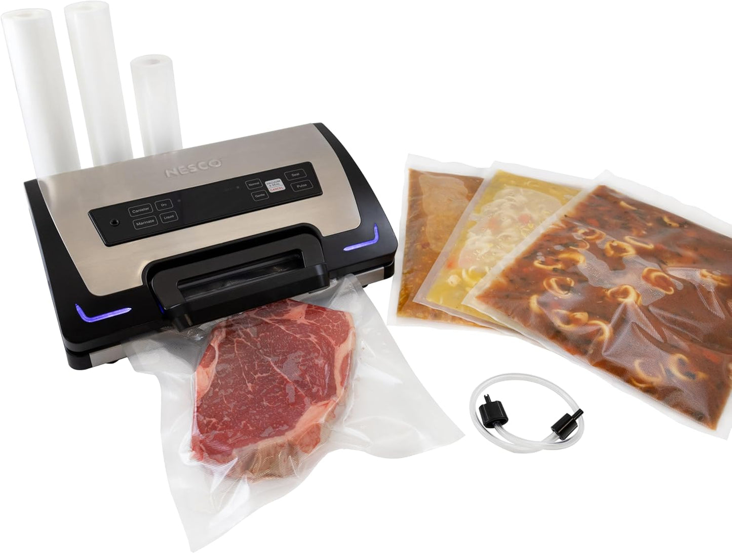 Nesco Premium Vacuum Sealer Kit featuring LiquidLock™, Includes large variety of Bags and Rolls VS-22LB, Built-in Canister Sealing Function