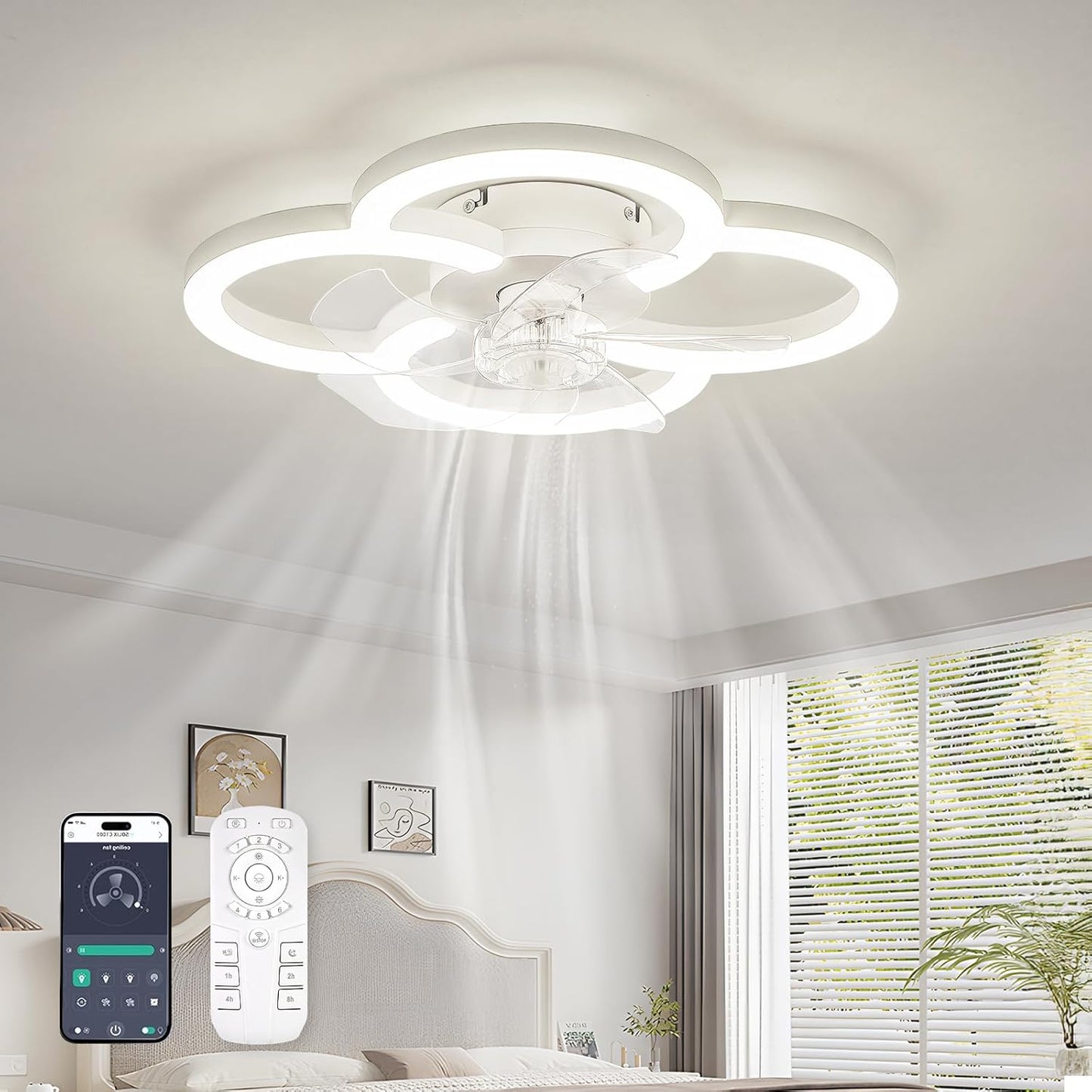 FTZVRD Low Profile Ceiling Fans with Lights and Remote, Fandelier Ceiling Fan Flush Mount, 3000K-6500K Smart 5 Blades LED Fan Light, Small Ceiling Fans with Lights for Bedroom, Kitchen