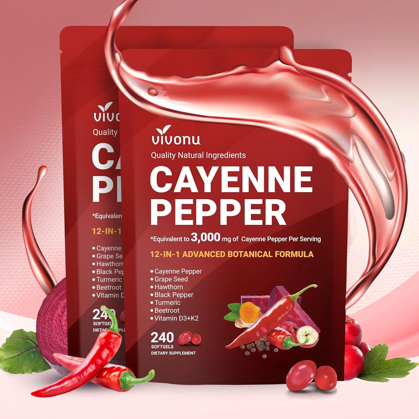 Cayenne Pepper Softgels Supplement, Supports Leg Vein, Heart and Blood Vessel Health, with Vitamin E D3+K2 and Extracts of Grape Seed, Hawthorn, Beetroot, Berberine and Others (480 Softgels\/2 Bag)