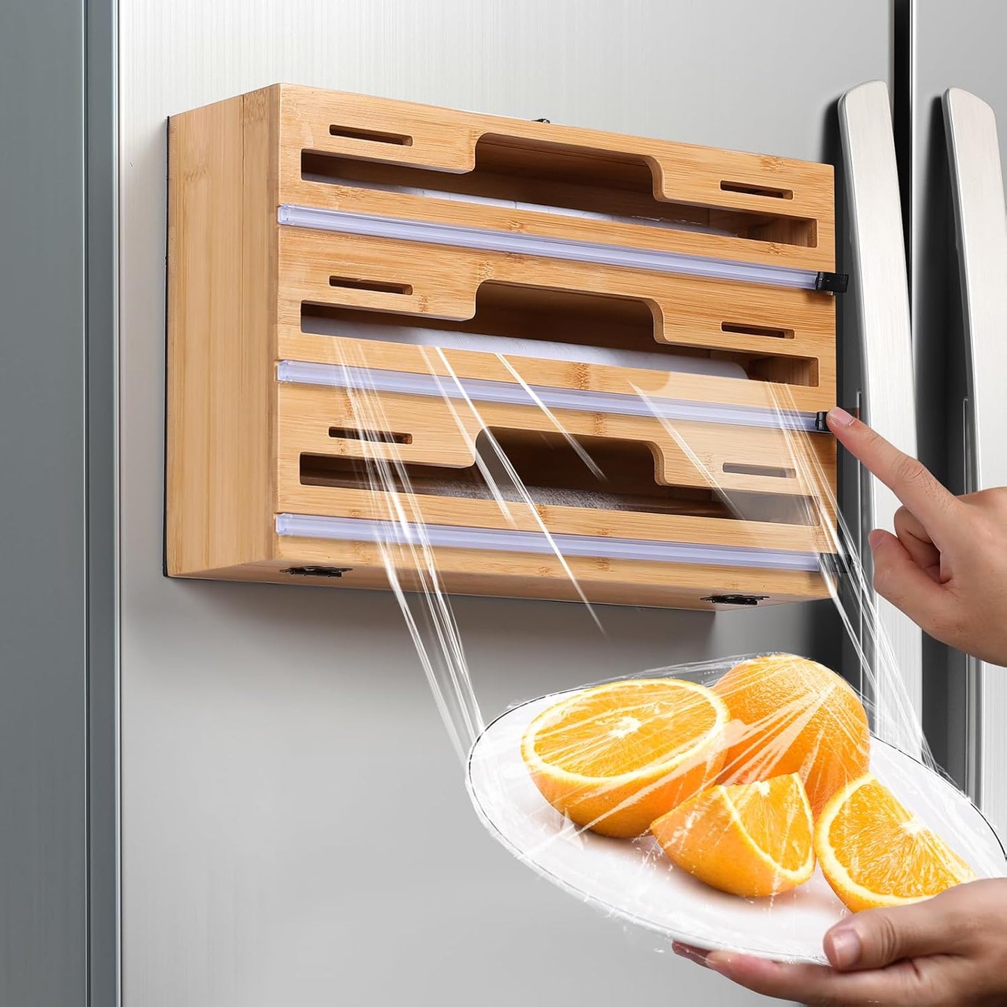 Allinside Magnetic Plastic Wrap Dispenser with Cutter, 3 in 1 Refrigerator Bamboo Wood Organizer for Tin Foil, Baking Paper, Wax Paper Holder Kitchen Storage Box Compatible with 12.9" Roll (3 Layer)