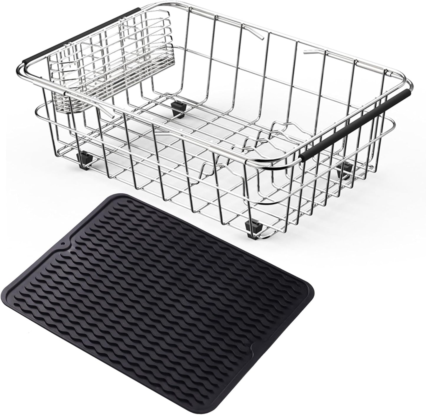 NiuYichee Stainless Steel Dish Drying Rack(15.2"L X 11"W X 5.3"H), Expandable Fruit & Vegetable Drain Rack over Sink, Dish Drainer Rack in Sink, with Stainless Steel Utensil Holder & Silicone Mat(16")