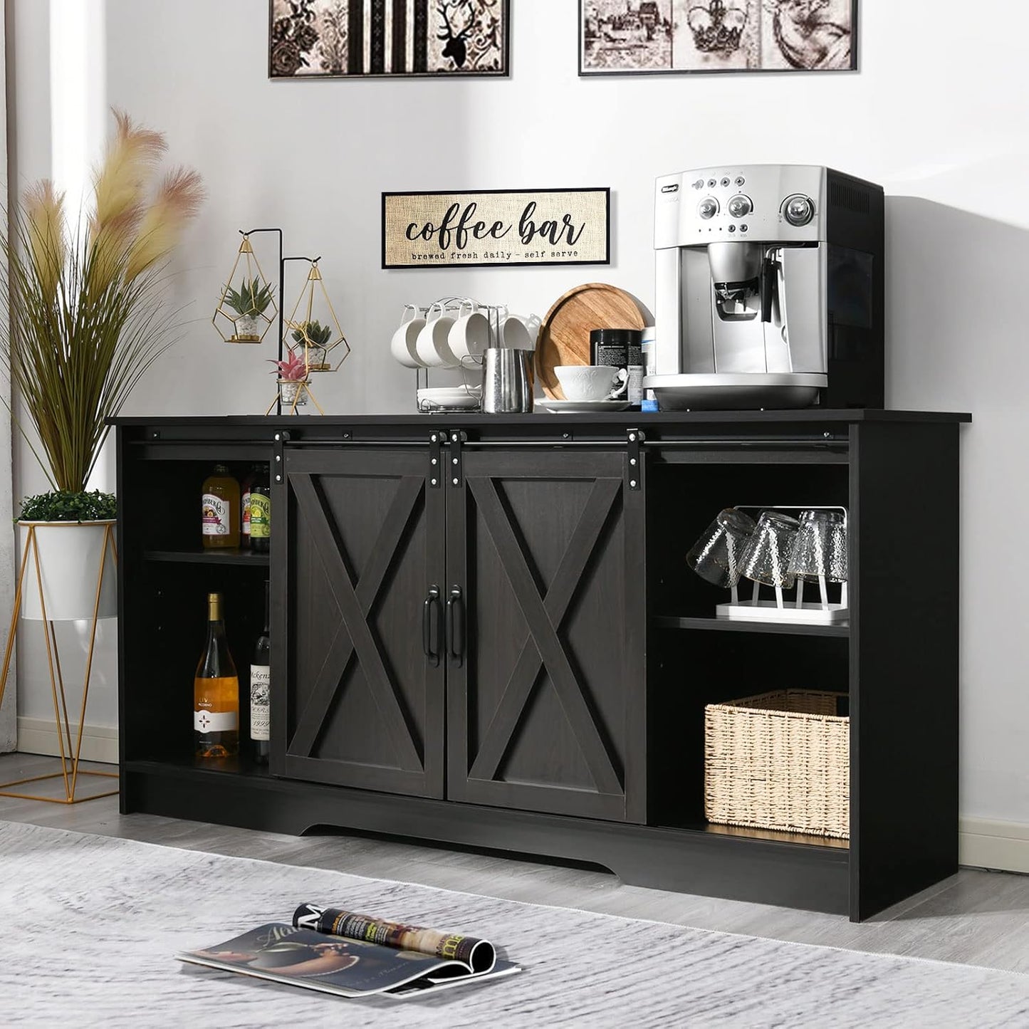 4 EVER WINNER Farmhouse Coffee Bar Cabinet, 59" Large Kitchen Storage Cabinet with Sliding Barn Doors, Buffet Cabinet with Storage Cupboard for Kitchen, Dining Room, Espresso