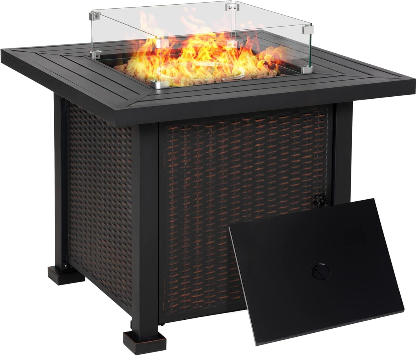34" Outdoor Propane Gas Fire Pit Table - 50,000 BTU Auto-Ignition 2-in-1 Wicker-Effect Firepit with Glass Wind Guard, Lid, Lava Rocks, CSA Certified, Black