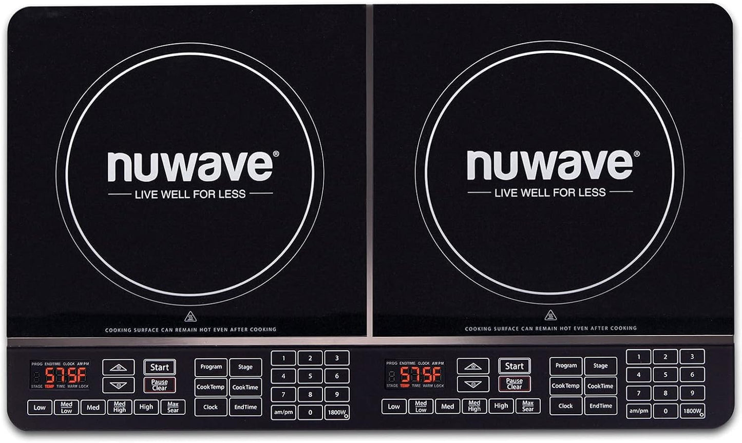 Nuwave Double Induction Cooktop, Powerful 1800W, 2 Large 8\u201D Heating Coils, Independent Controls, 94 Temp Settings from 100°F to 575°F in 5°F Increments, 2 x 11.5\u201D Shatter-Proof Ceramic Glass Surface