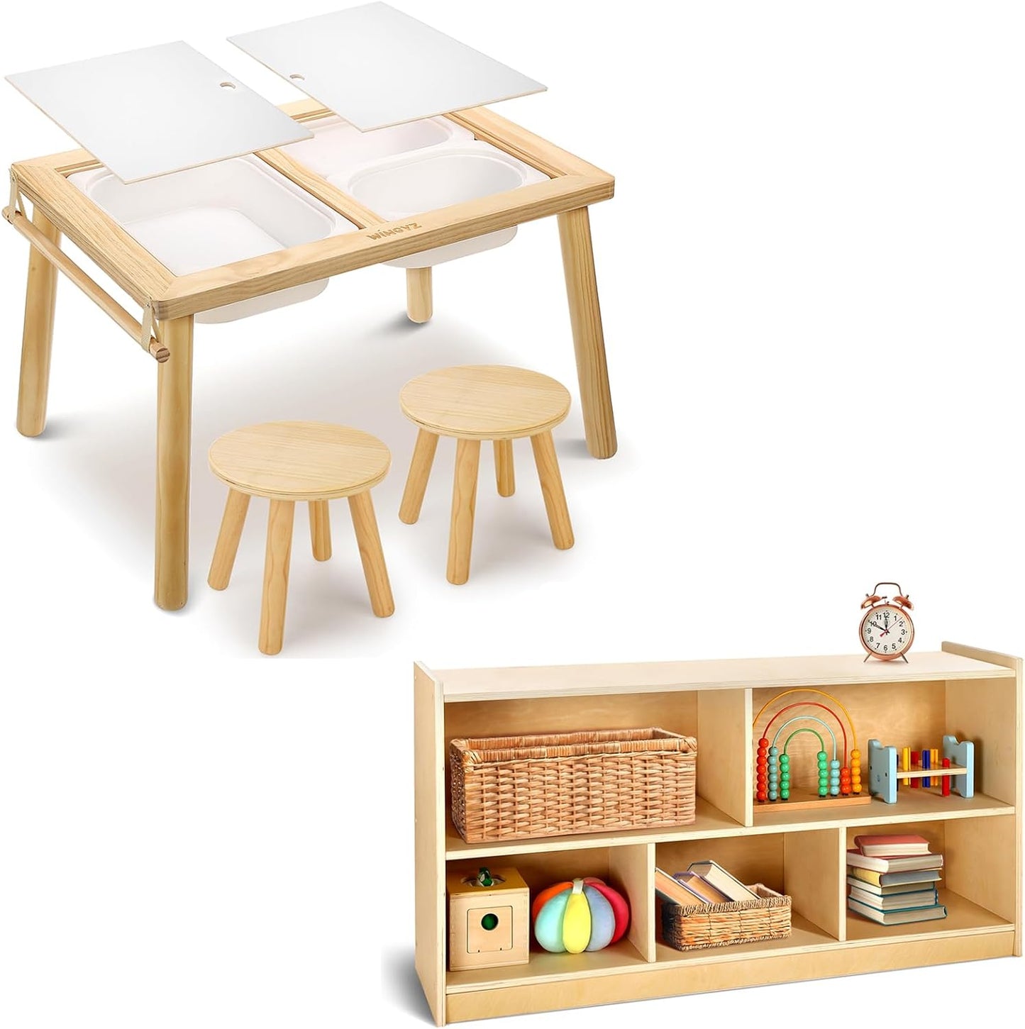 wingyz 3 in 1 Sensory Table and Chair Set + 5-Section Wooden Storage Cabinet, 5-Section