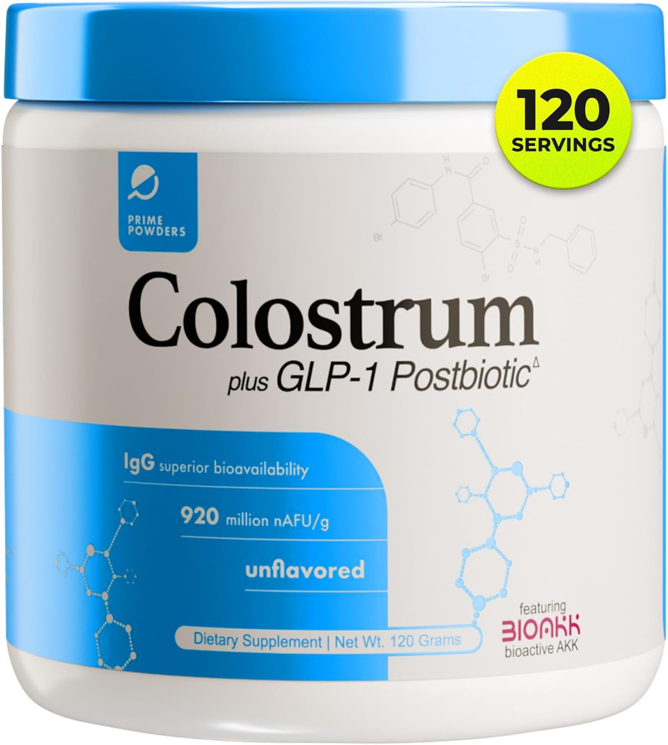 Prime Powdersยฎ Colostrum Grass-fed Powder with Akkermansia GLP-1 Probiotic, High IgG, Gut Lining & Immune Support, Growth Factors, Maximum Absorption, Unflavored Supplement (120 Servings)