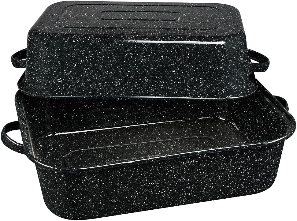 Granite Ware 21-Inch Covered Rectangular Roaster - Enamel Steel Cookware, Nonstick & Chemical-Free, Dishwasher Safe - 25 Lb Capacity, Large Roasting Pan for Meats, Poultry, Vegetables (Speckled Black)