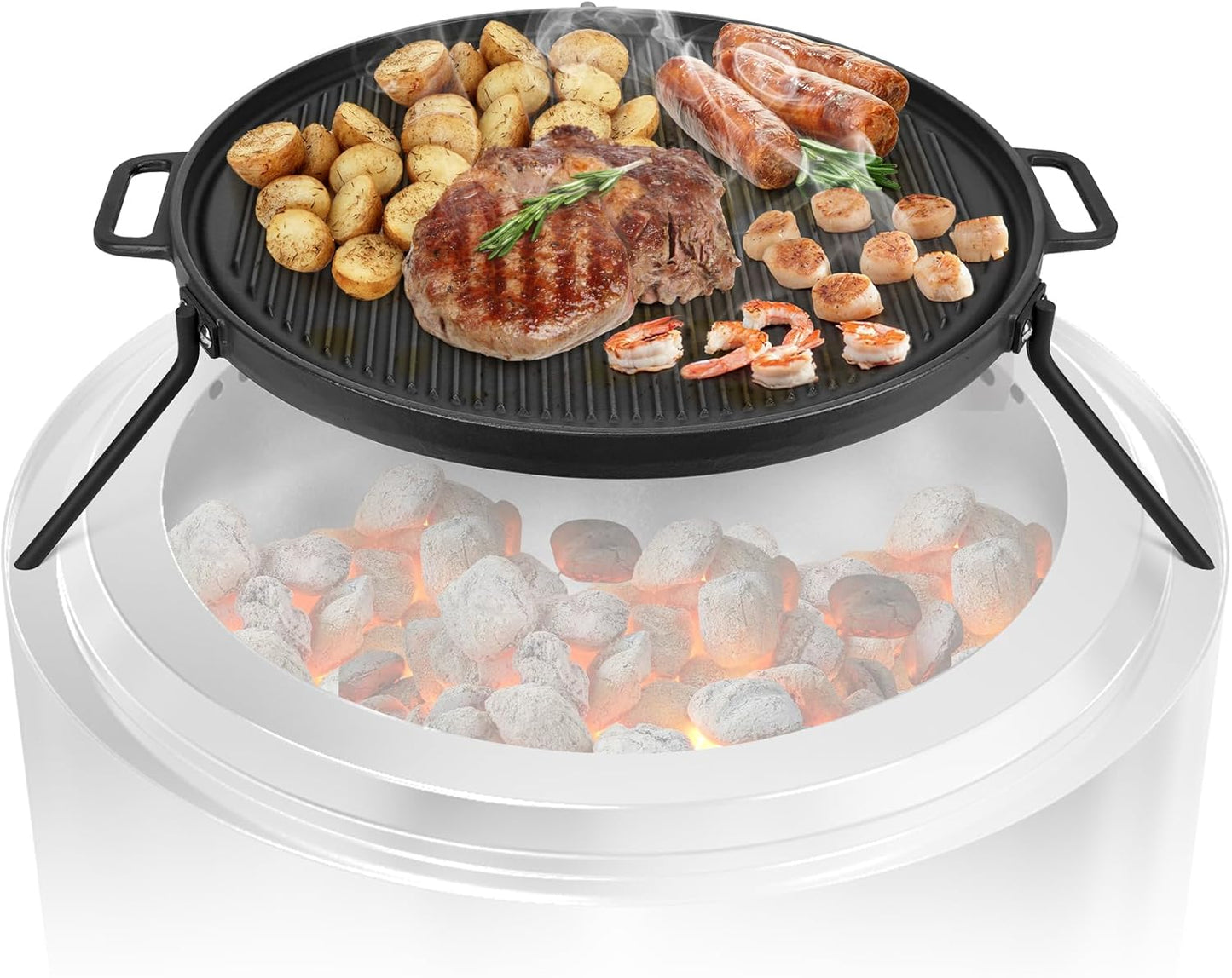 Onlyfire Cast Iron Griddle, Grill Cookware for Solo Stove Bonfire 19.5" Fire Pit and Yukon fire Pit, Portable Round Iron Pan with 3 Removable Legs for Outdoor BBQ Cooking & Camping