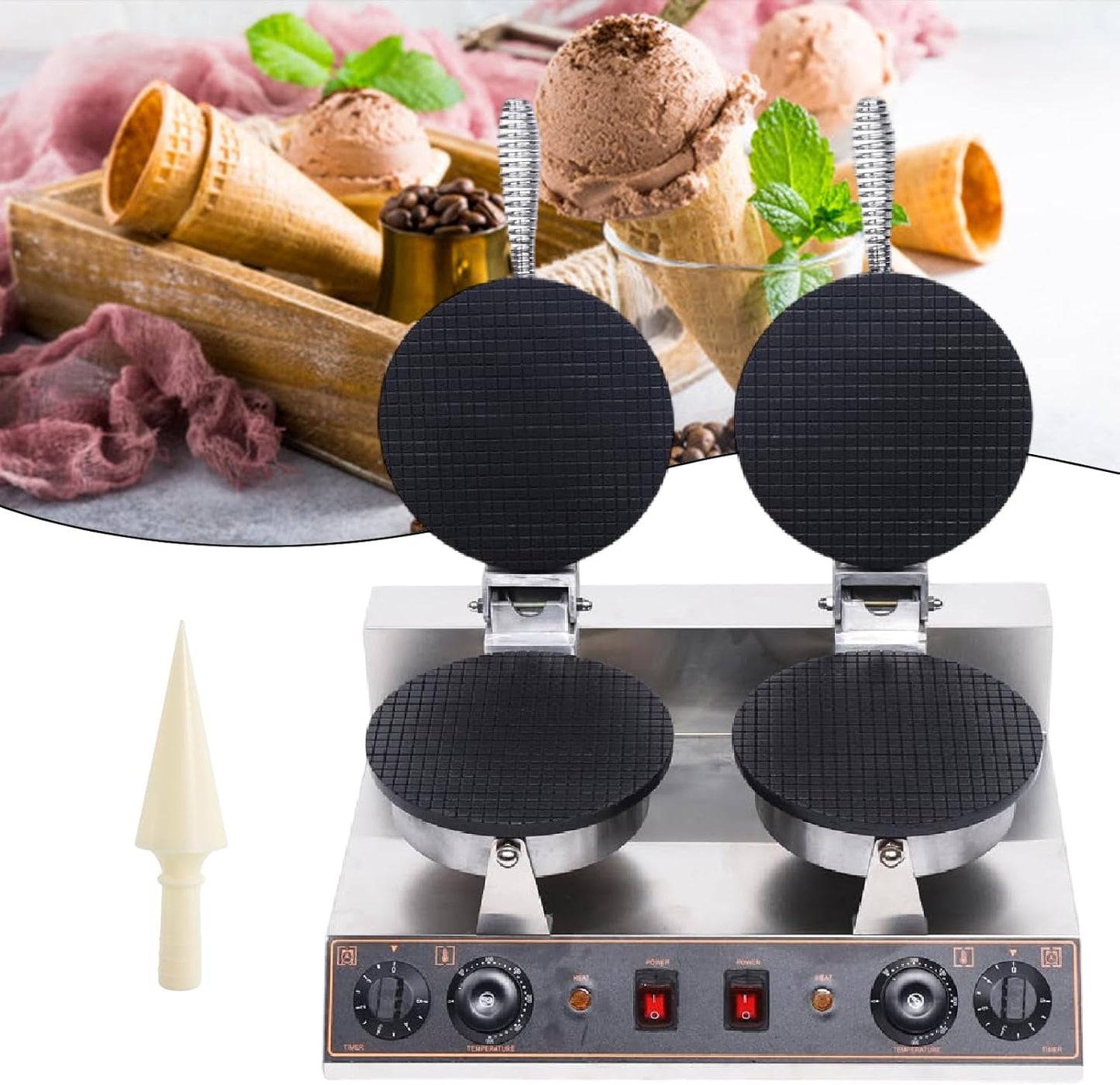 Commercial Ice Cream Cone Machine, Waffle Cone Maker, Electric Stainless Steel Egg Roll Mold Bowl Maker for Home Restaurant Use,Double-220V