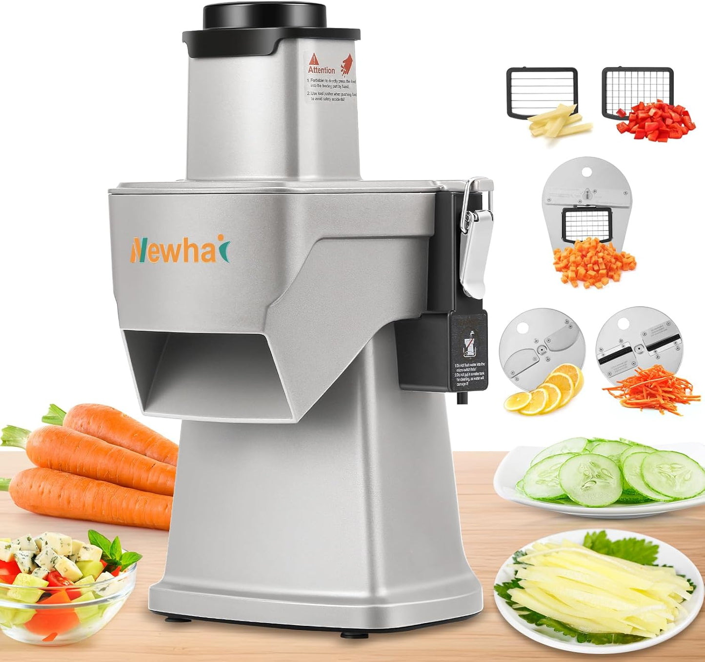 Newhai 4 in 1 Commercial Vegetable Chopper Multifunctional Automatic Dicer Slicer Shredder Strip Cutter for Onion Potato Cabbage Veggie & Fruit Processor with Multi Blades 200W 110V
